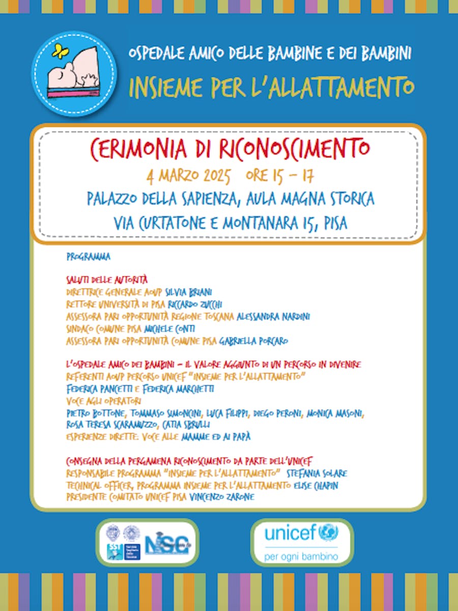 Pisa-Riconoscimento all'AOUP come Ospedale Amico delle Bambine e dei Bambini