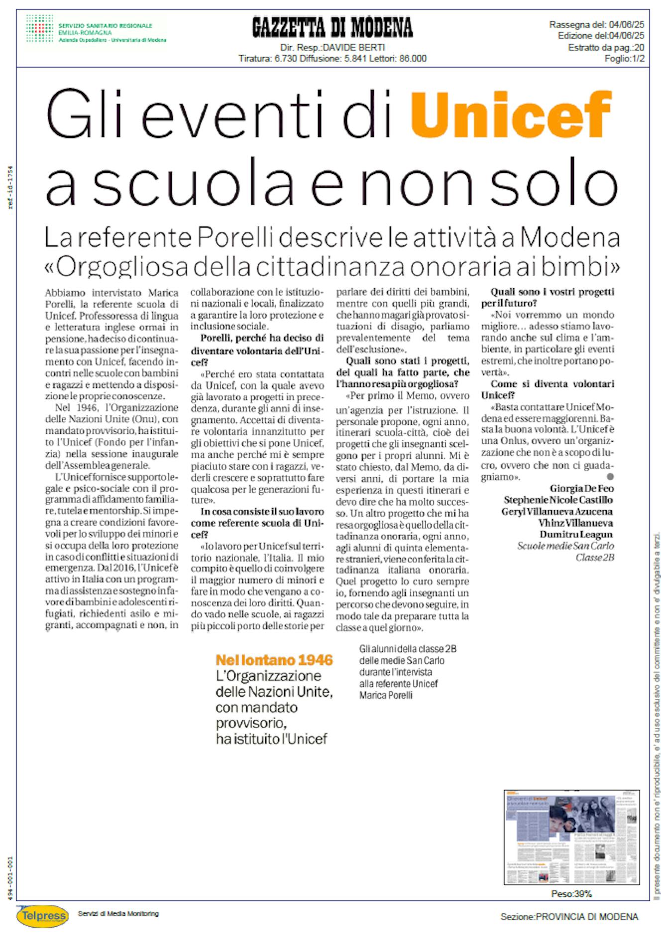 la Gazzetta di Modena su eventi Unicef