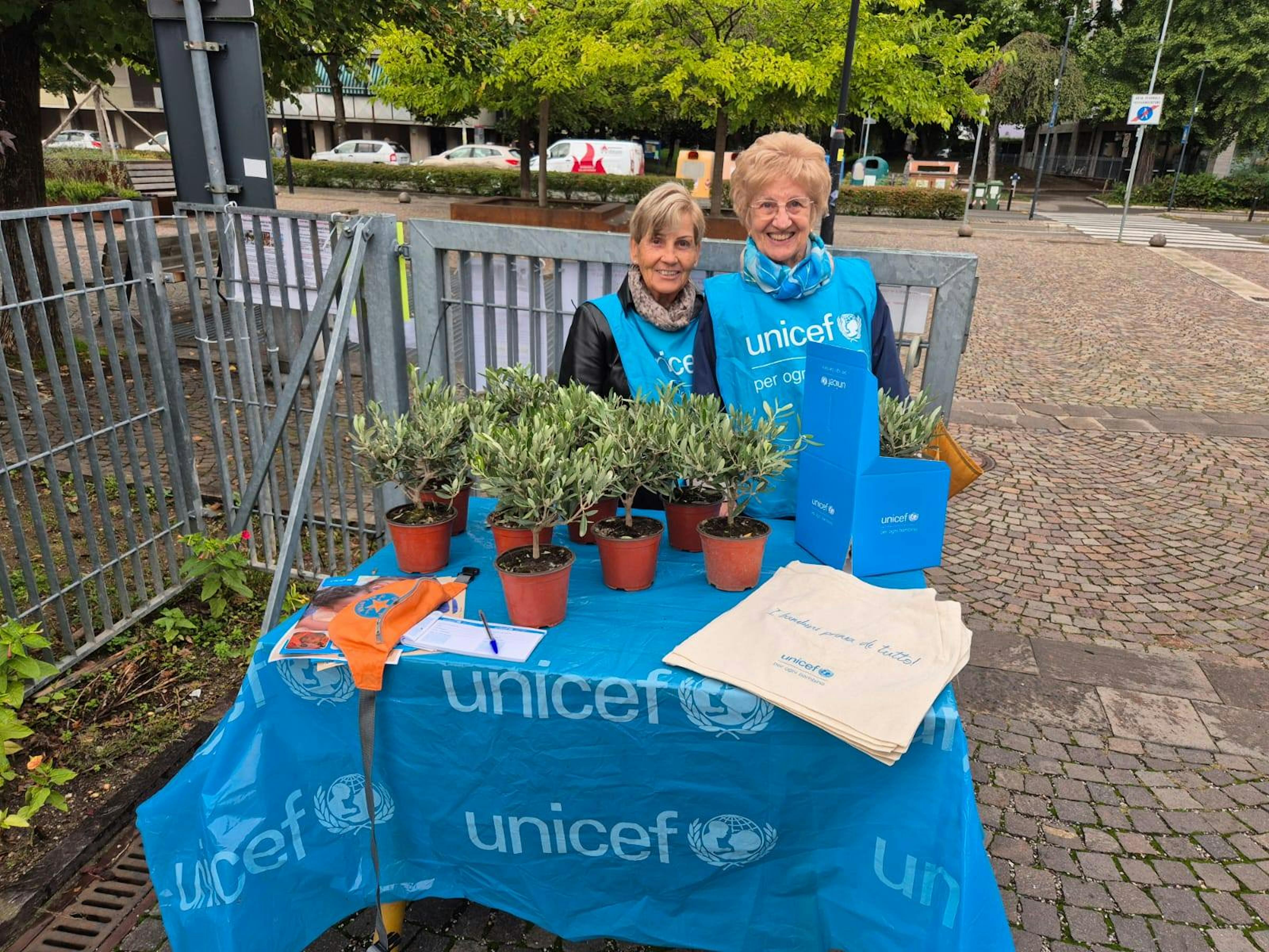 Volontari UNICEF nella città di Bolzano durante la campagna Ulivo UNICEF