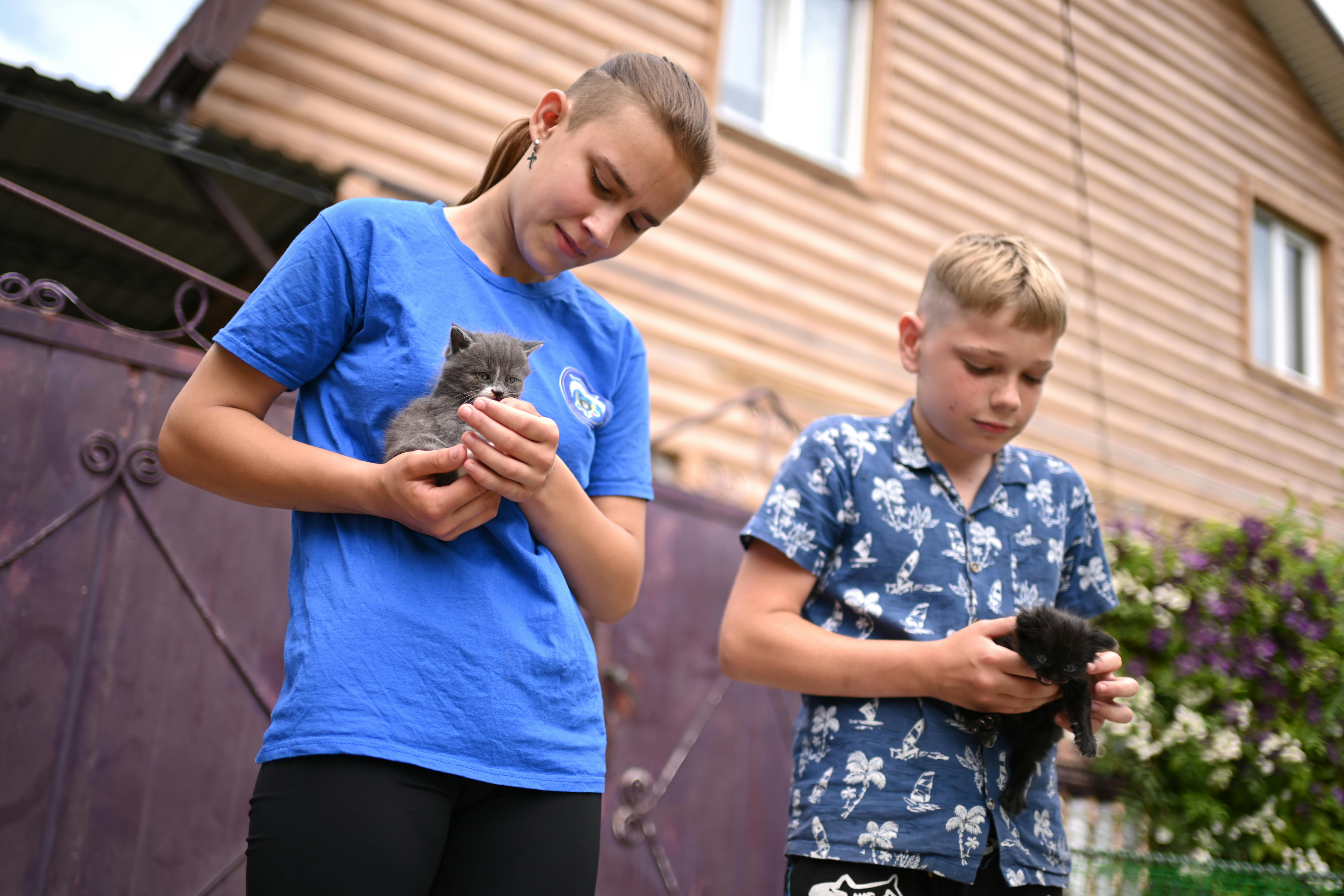 Znamenivka,  I ragazzi della famiglia Koval accarezzano due gattini, nel cortile della loro casa famiglia. La cura degli animali fa parte della vita quotidiana della famiglia adottiva, dove le responsabilità condivise e i momenti gioiosi aiutano a creare fiducia e connessione.