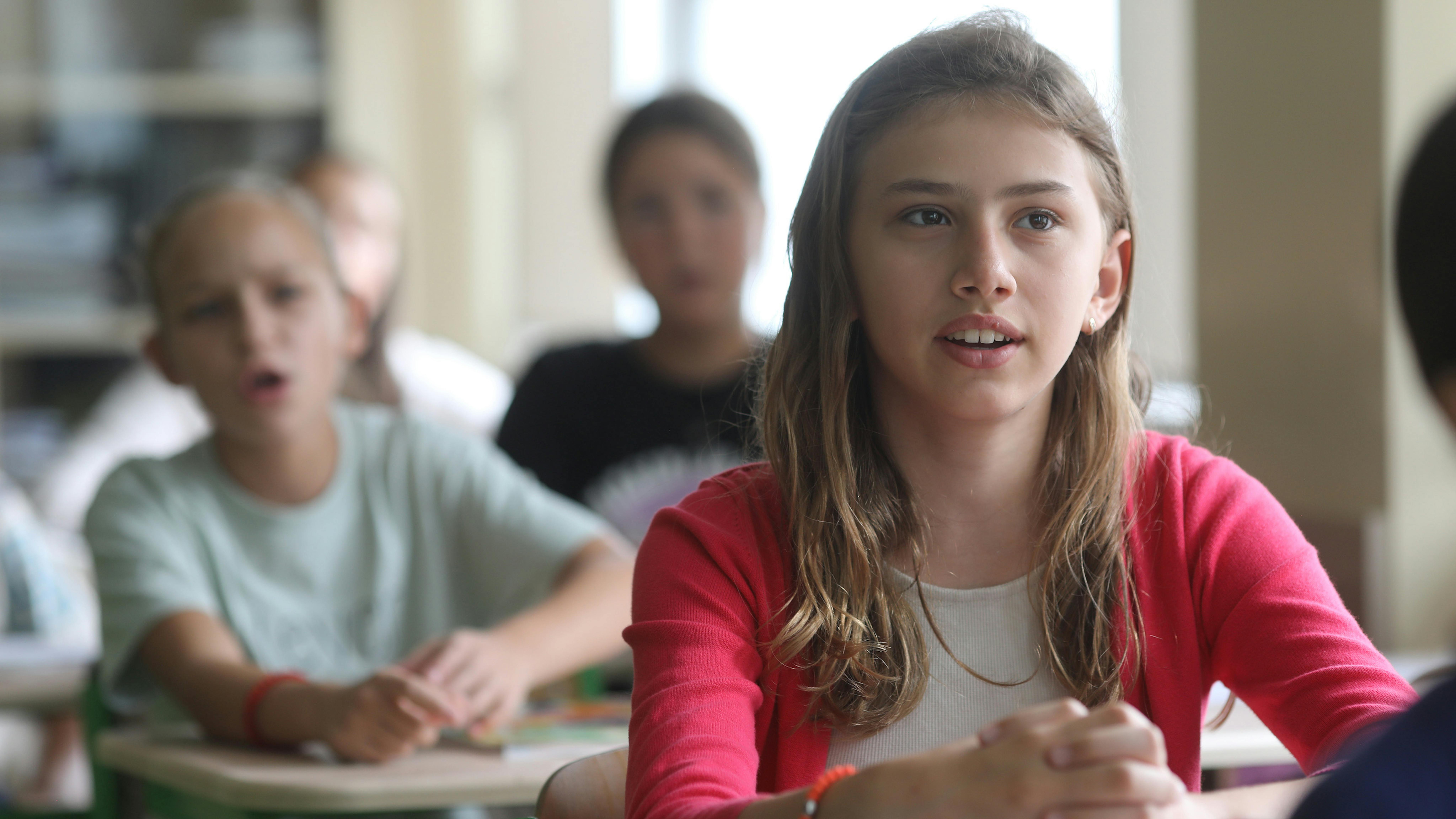I bambini della scuola primaria frequentano la classe di musica presso la scuola 'Jovan Jovanovic Zmaj' di Svilajnac, Srbija.
