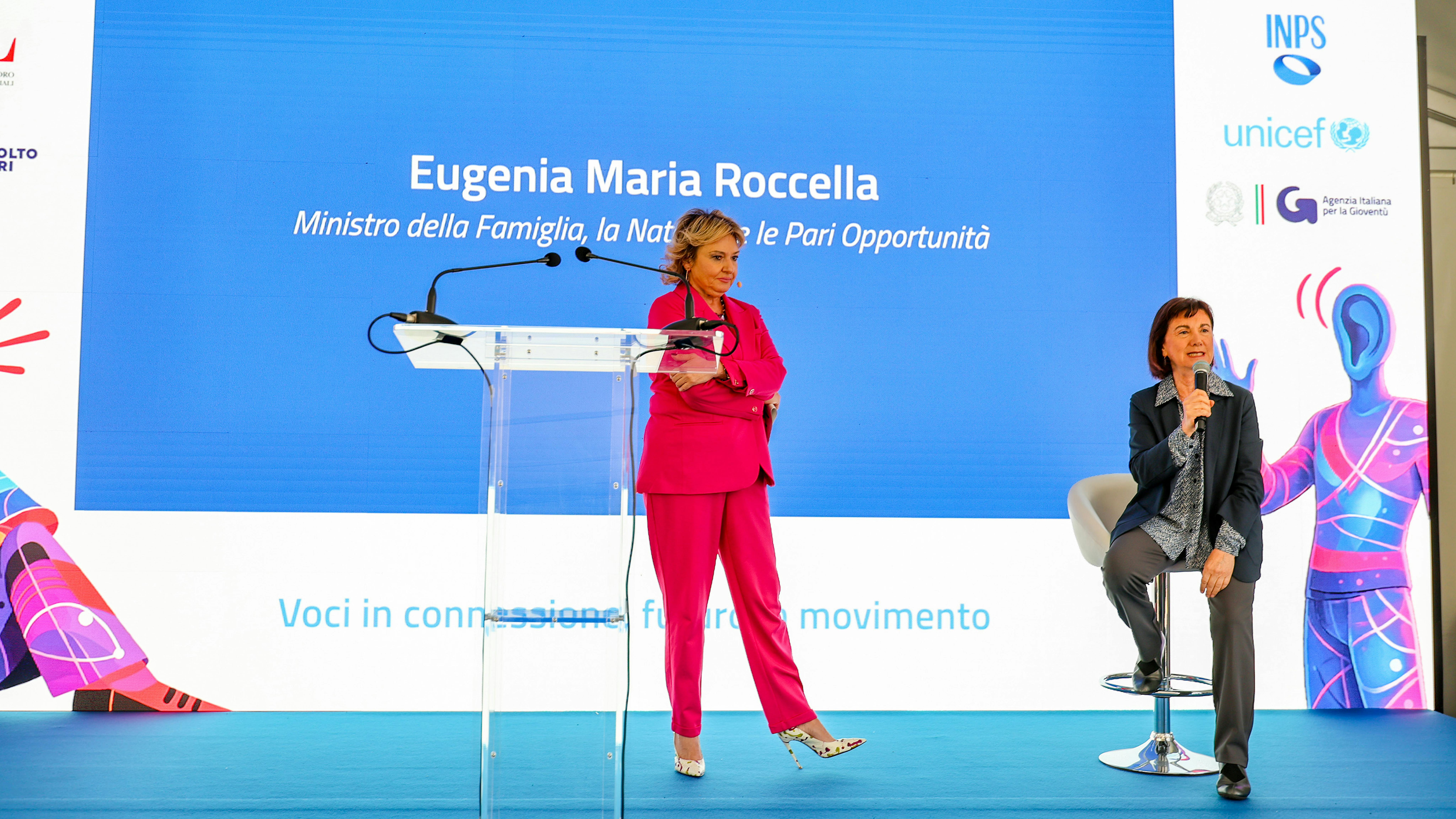 L'intervento di Eugenia Maria Roccella , Ministro della Famiglia la Natalità e le Pari Opportunità. Al centro la giornalista Monica Setta, moderatrice dell'evento - © INPS