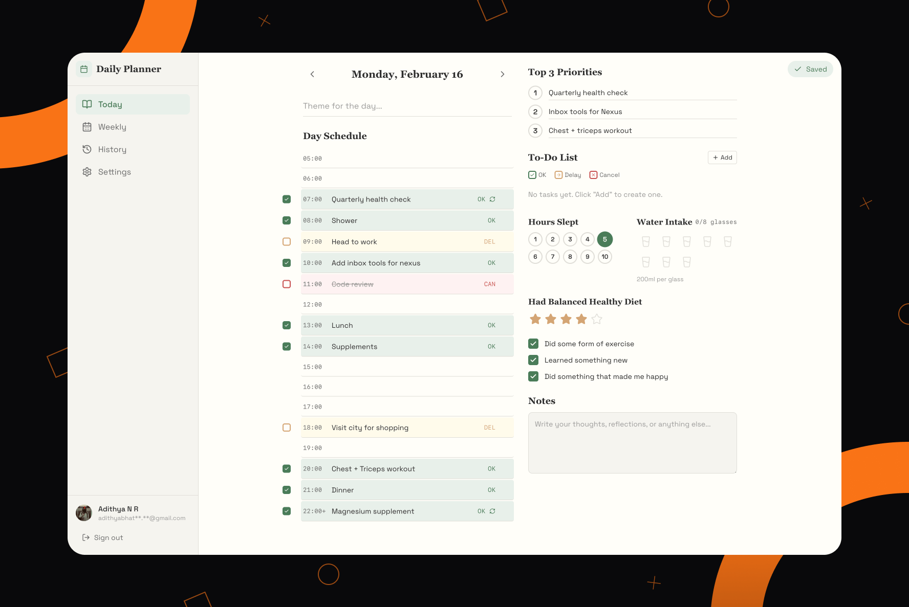 today page of daily planner