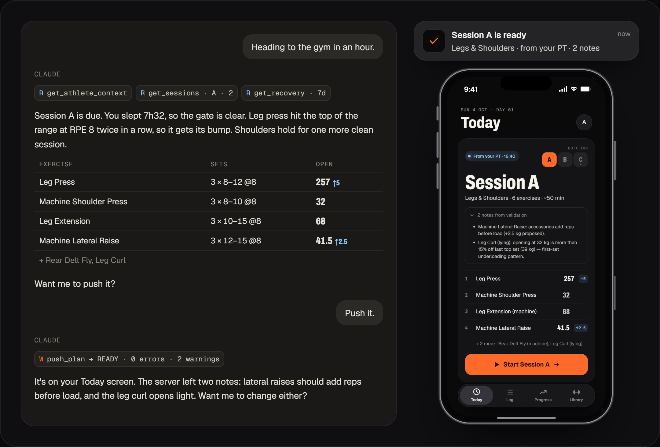 Example Claude chat planning Session A, the push notification, and the plan on the Today screen