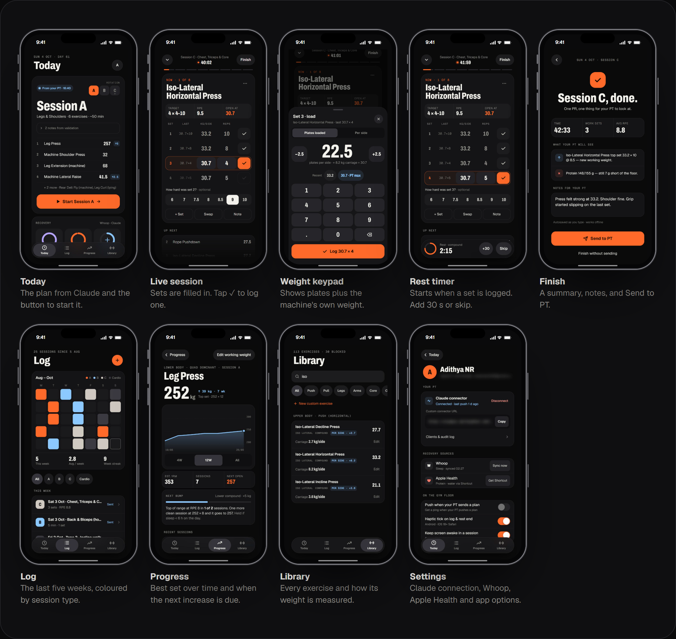 Nine screens of the Olympus app in iPhone frames