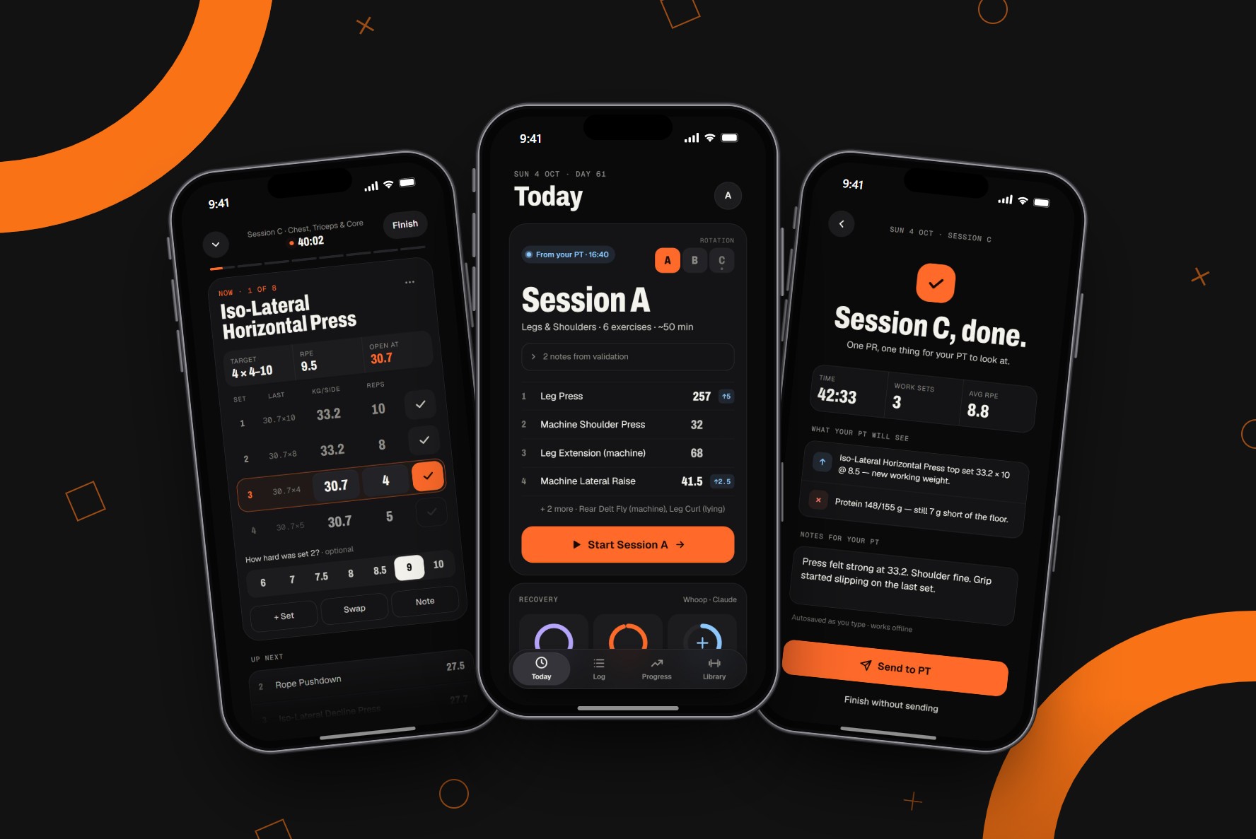 Olympus on three iPhones: a live session, the Today screen and the Finish screen
