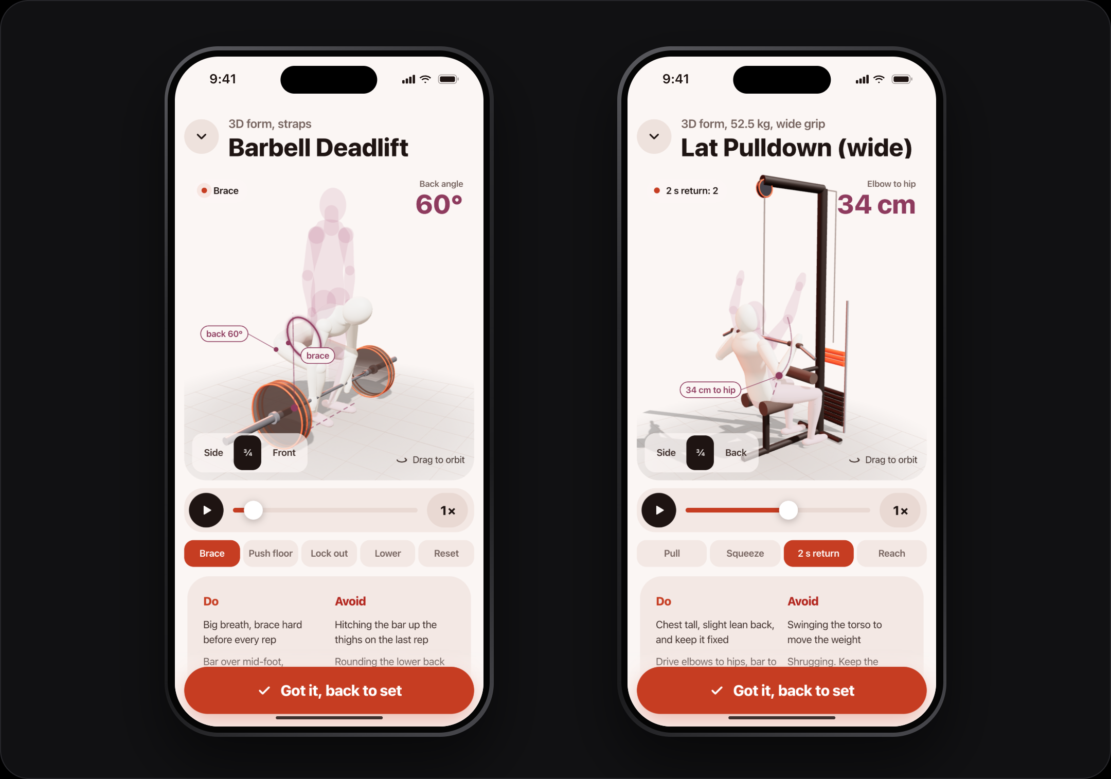 3D form cues for the deadlift and the lat pulldown in the Coral design