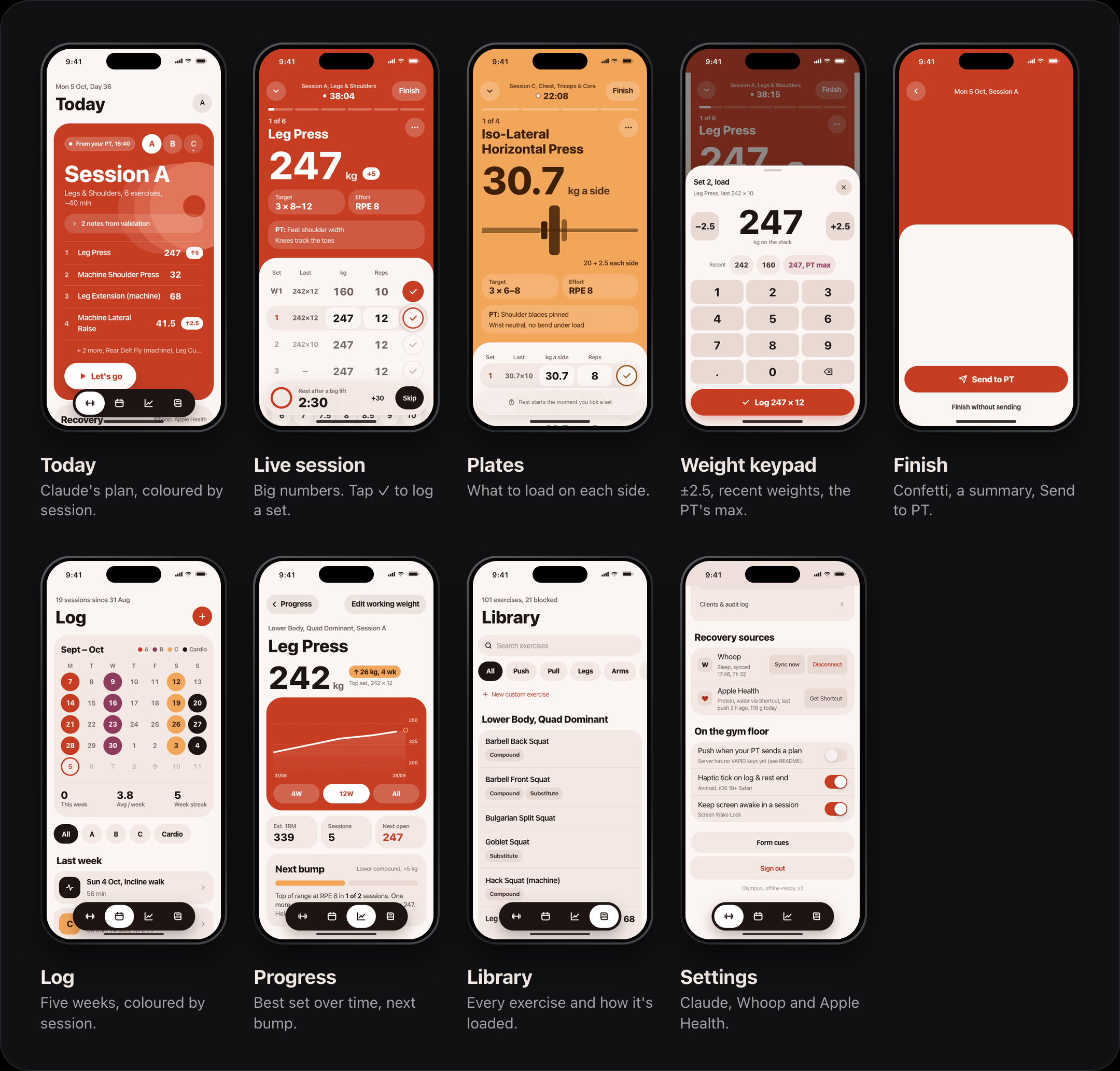 Nine screens of the Olympus app in the Coral design, each one in use