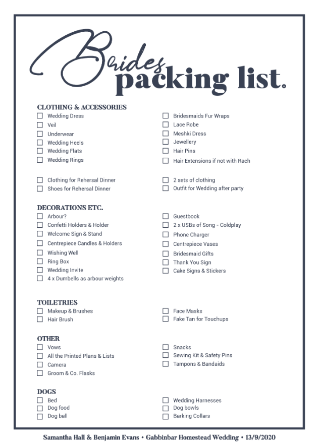 Brides packing list 