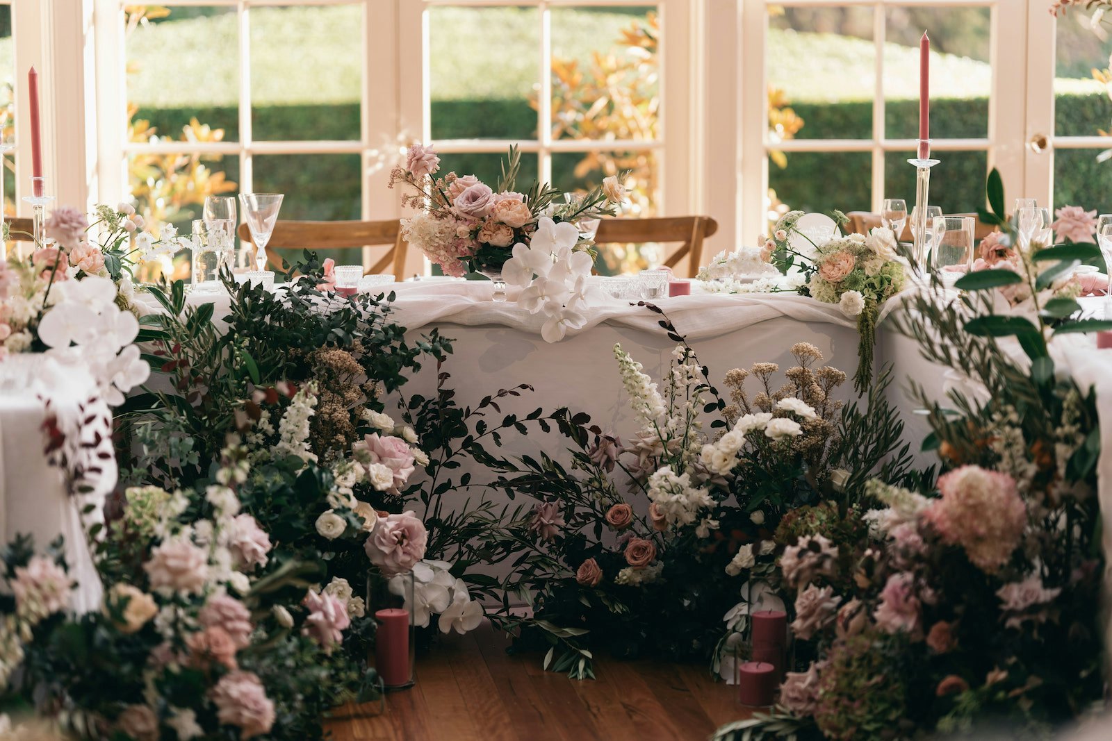 Bridal table with flowers in front 