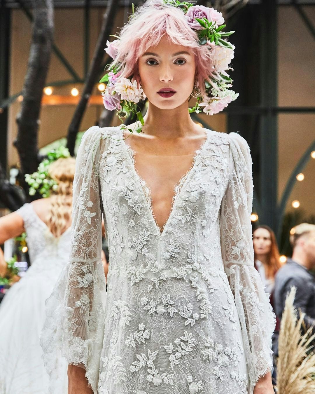 Floral wedding dress with deep v-neck 