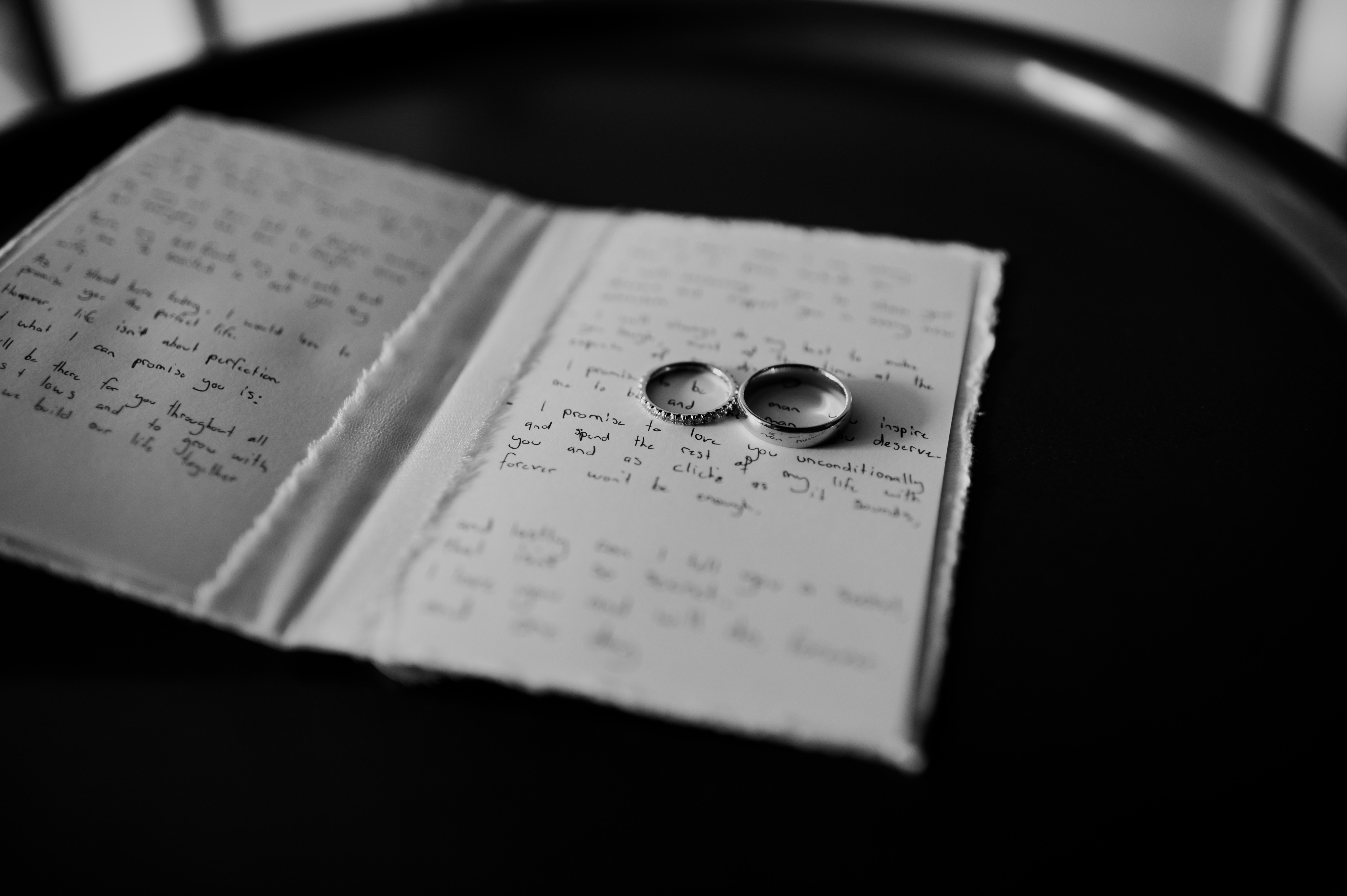 two wedding bands sitting on top of handwritten vows