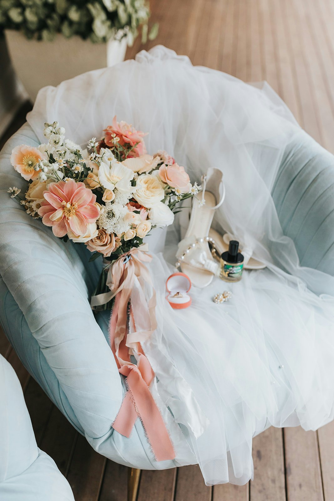 Bouquet, shoes and rings for wedding day