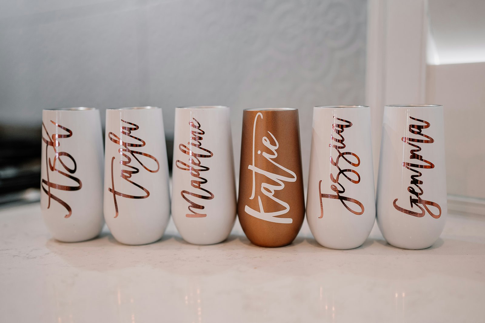 Wedding party drinking mugs with names on them
