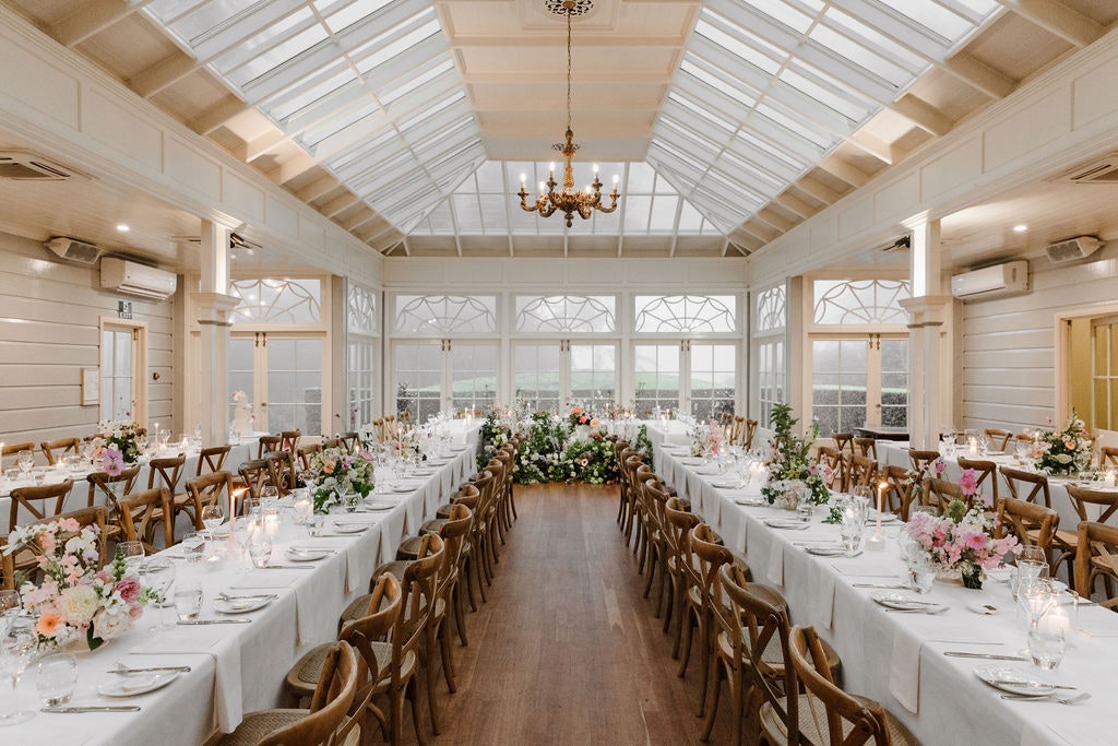Wedding reception with long tables