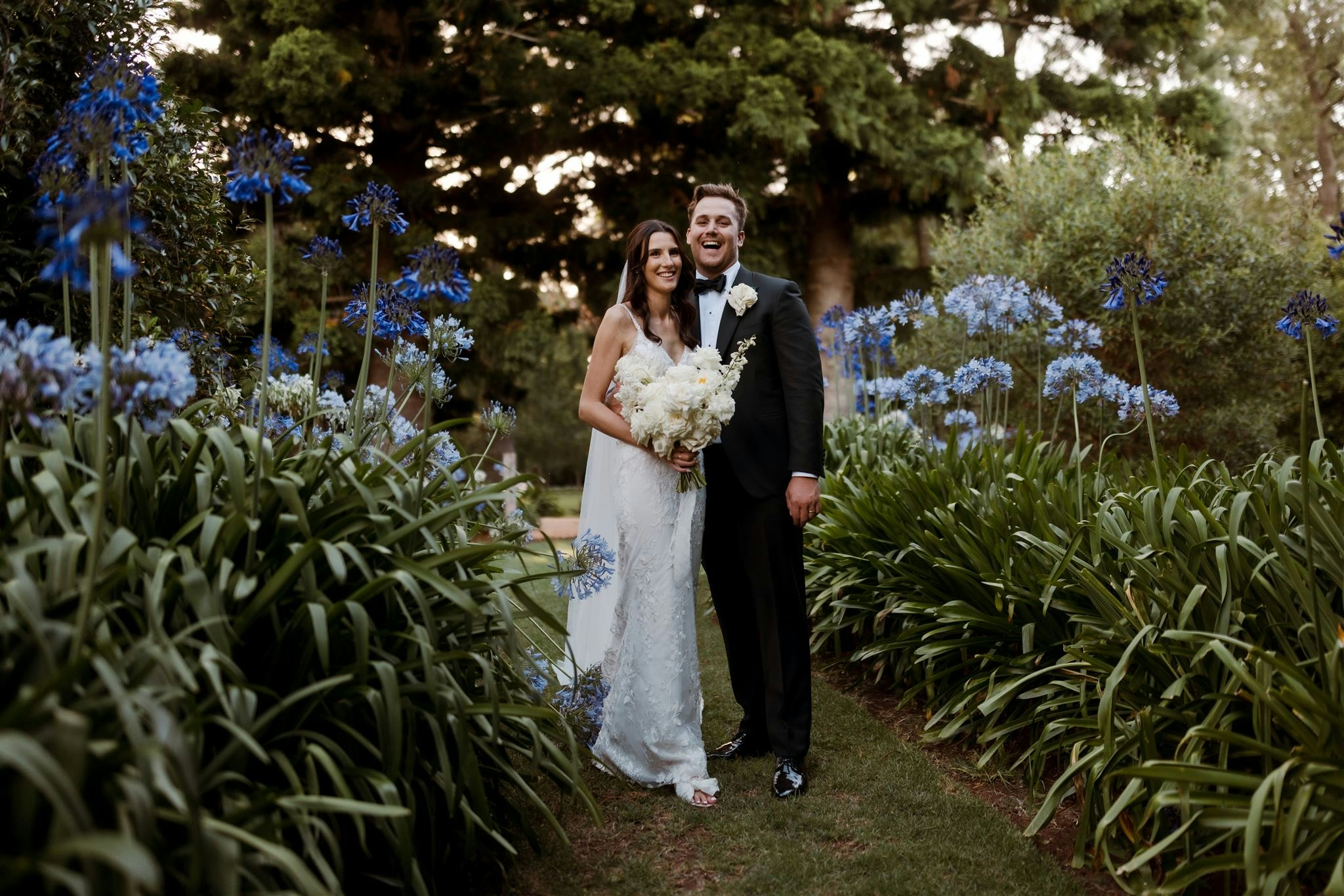 Bride and groom standing in gardens with agapanthus around