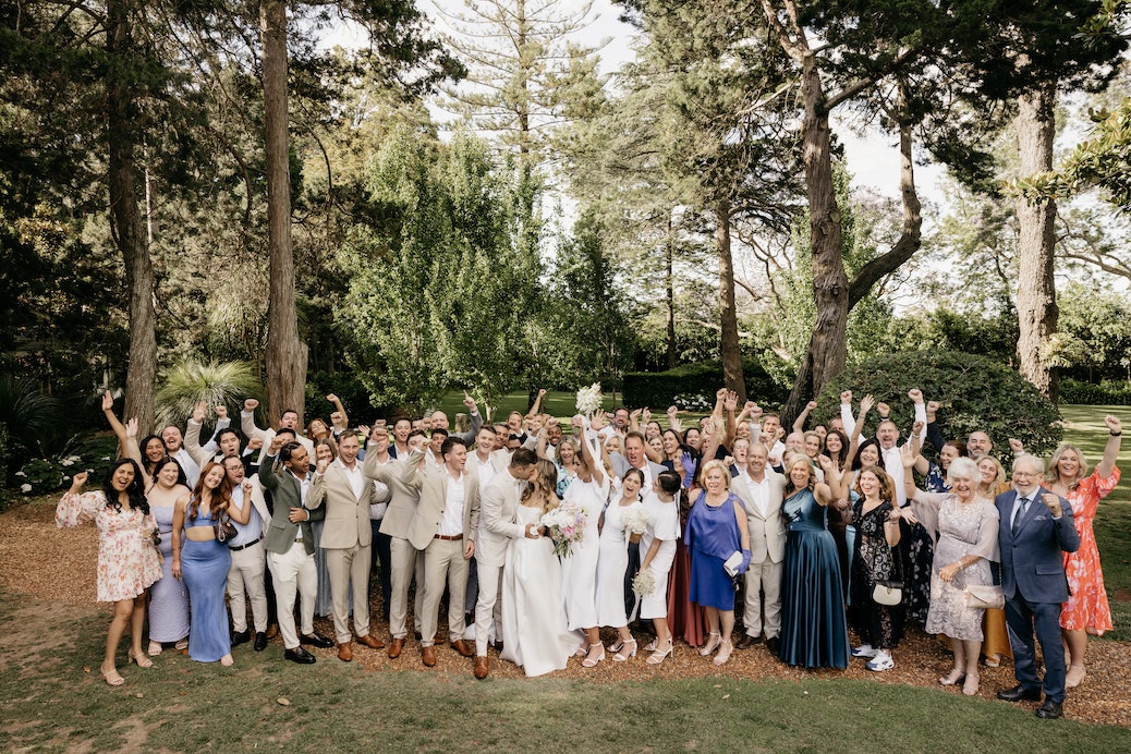 Group photo of guests at a wedding