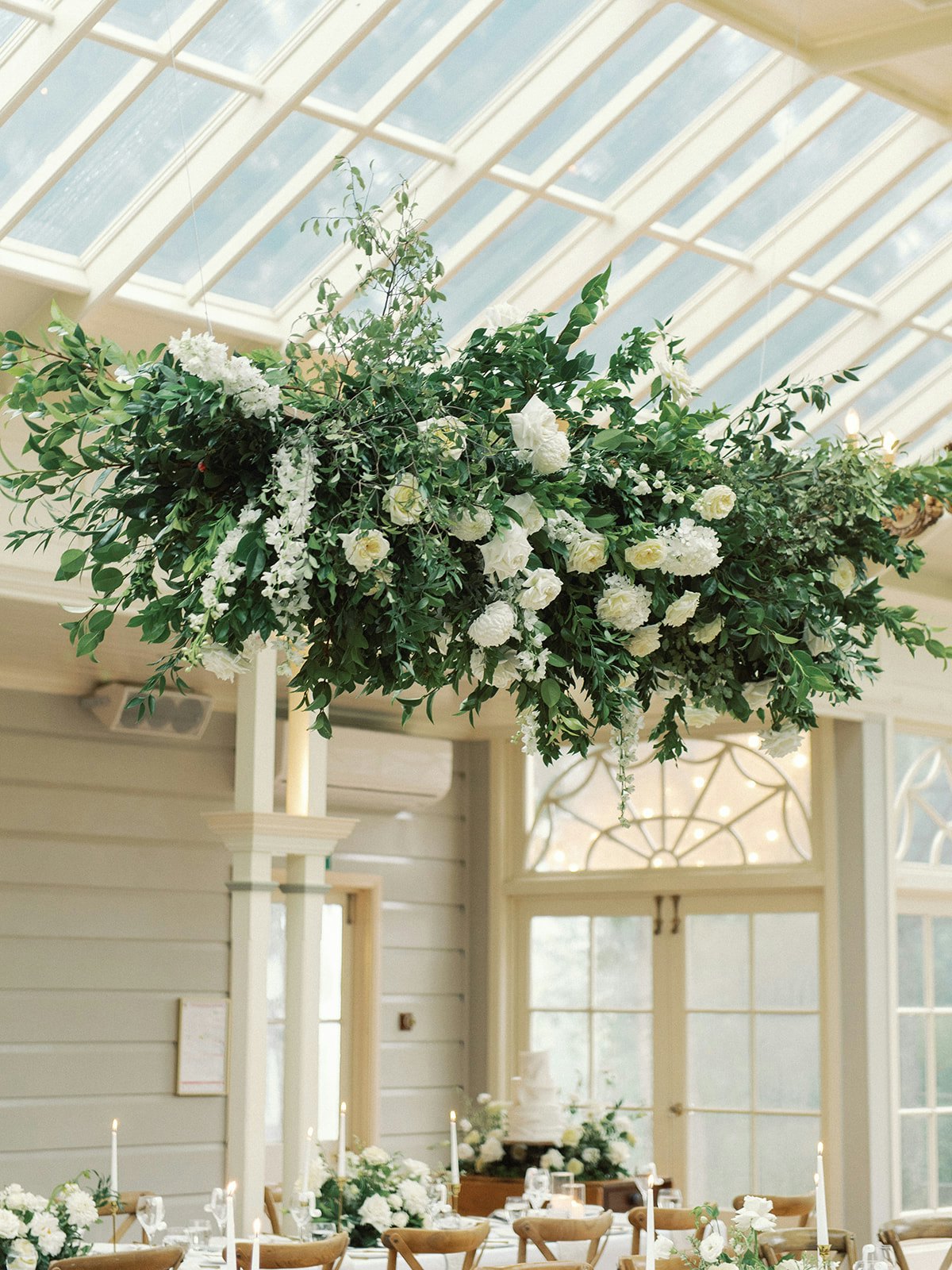Hanging floral display with white roses