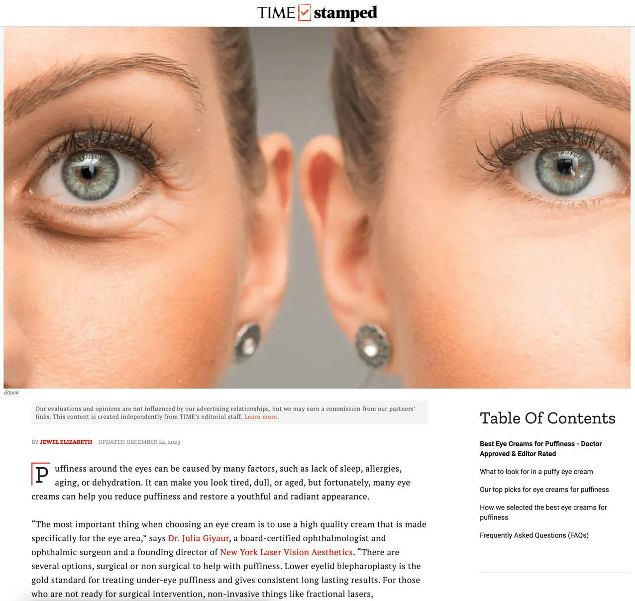TIME.com featured Dr. Julia Giyaur's commentary and New York Laser Vision in their story, 'Best Eye Creams for Puffiness - Doctor Approved & Editor Rated.'