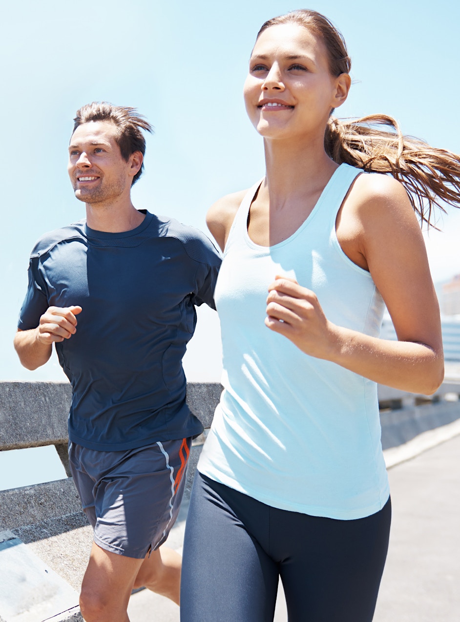 man and woman going for run who've had o-shot and p-shot in las vegas