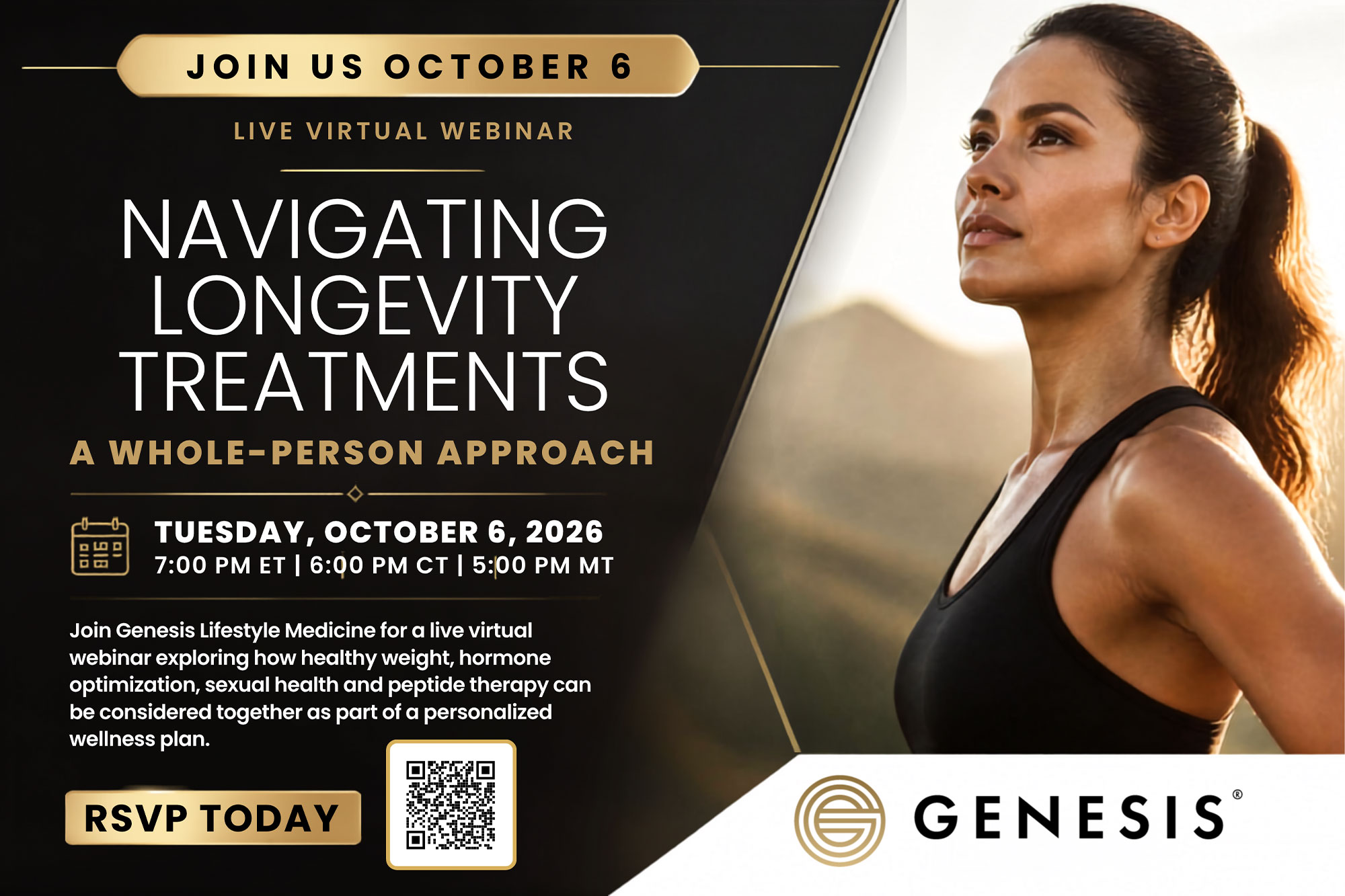 Register for the free live virtual webinar, Navigating Longevity Treatments: A Whole-Person Approach, Tuesday October 6, 2026 at 7:00 PM ET
