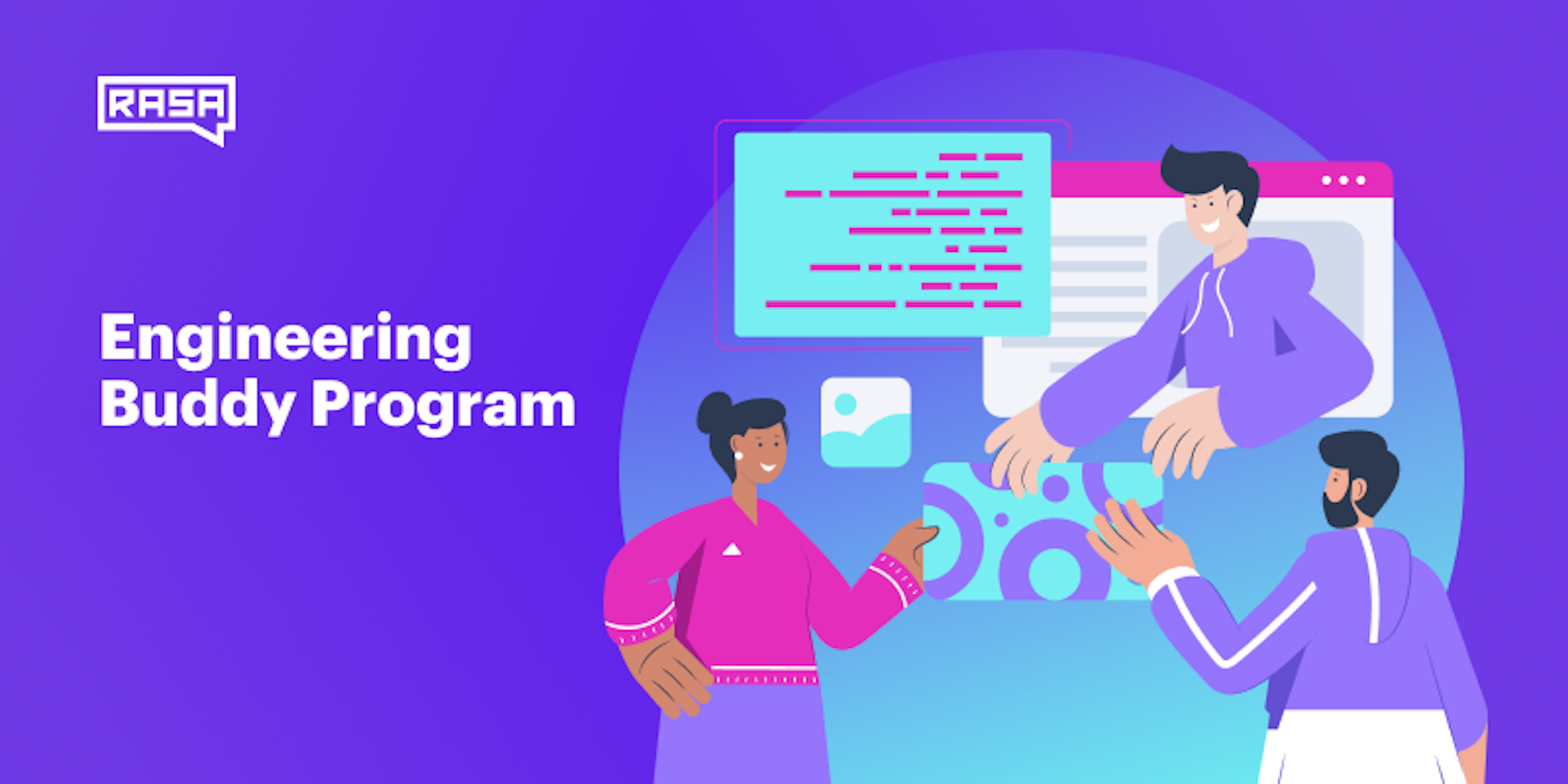 Illustration of Engineers working together in the Rasa Engineering Buddy Program Illustration of Engineers working together in the Rasa Engineering Buddy Program