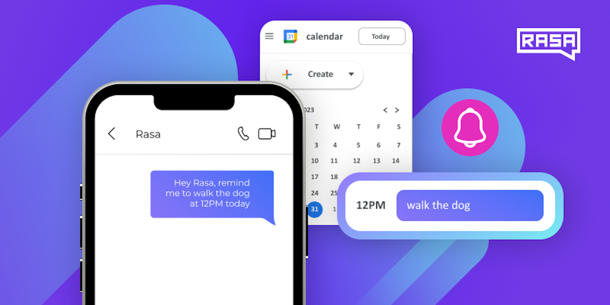 Image showing a Rasa Assistant setting up an event in google calendar Image showing a Rasa Assistant setting up an event in google calendar