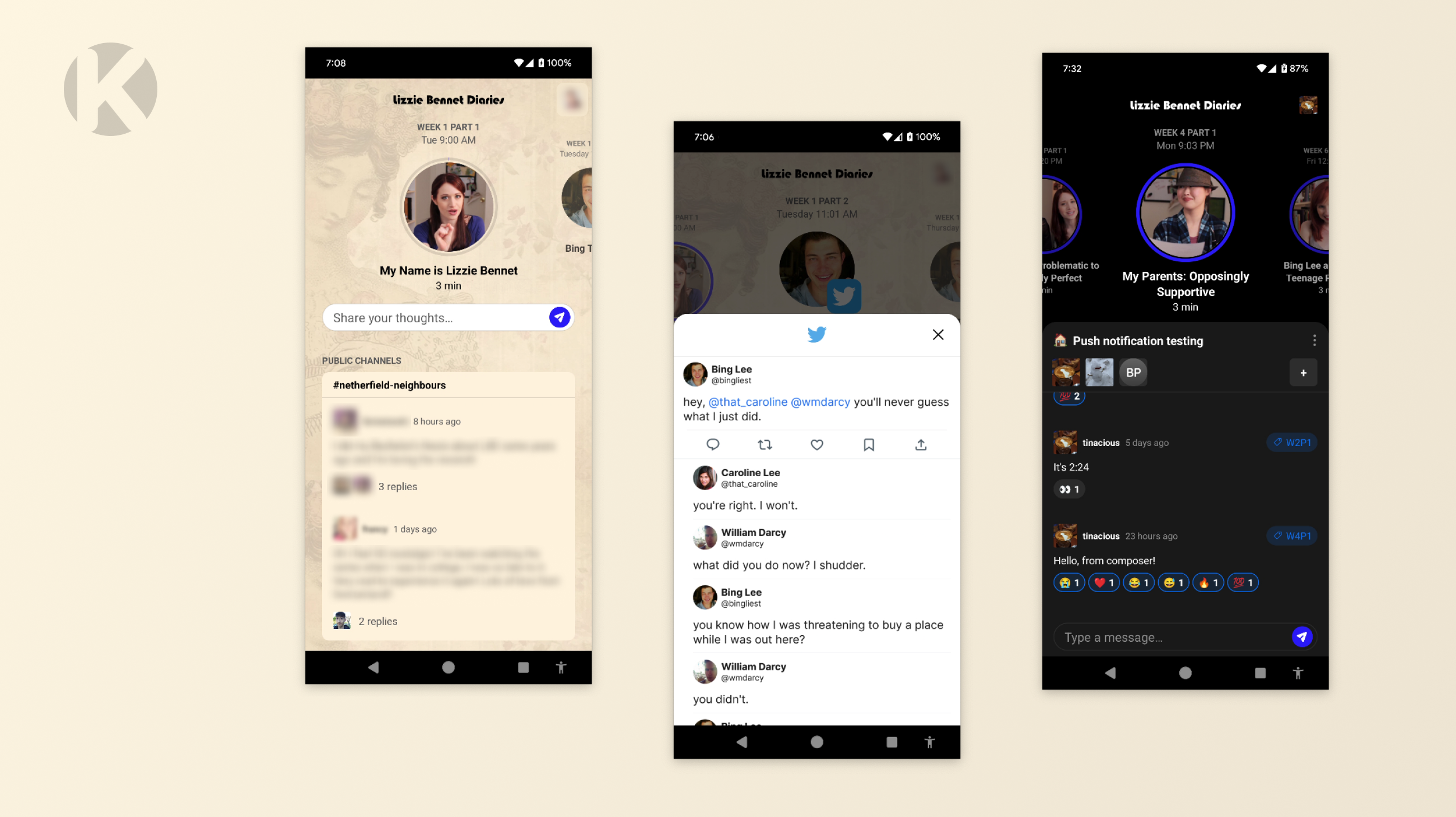 3 screenshots of the Kino Technologies app on Android, featuring the Lizzie Bennet Diaries show