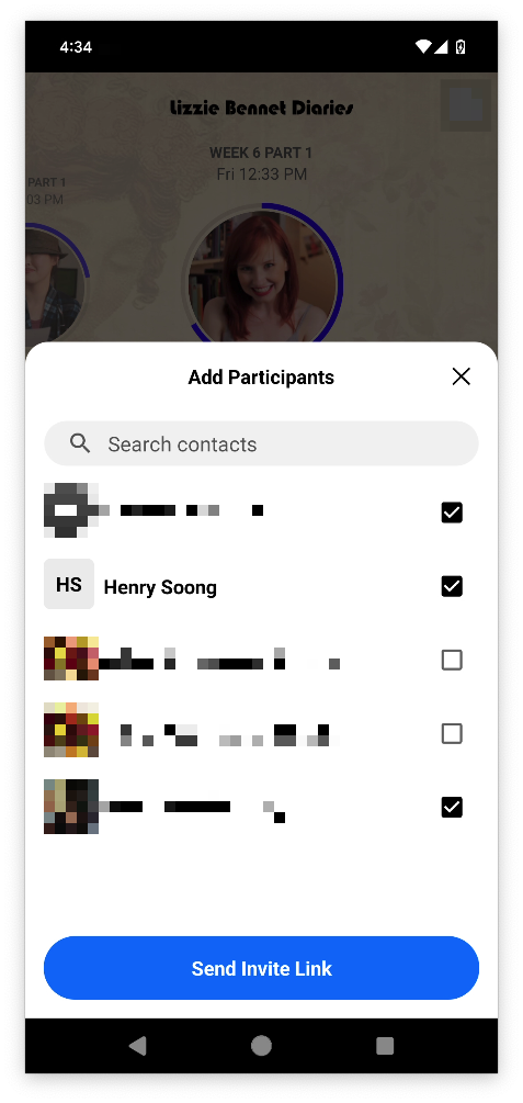 Screenshot of the "Add participants" screen showing a list of contacts with checkboxes beside each one, allowing users to select contacts to add. Includes a search field to search by name.