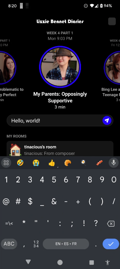 Screenshot of the main screen with a text input field with words "Hello, world" with a send button on the right side.