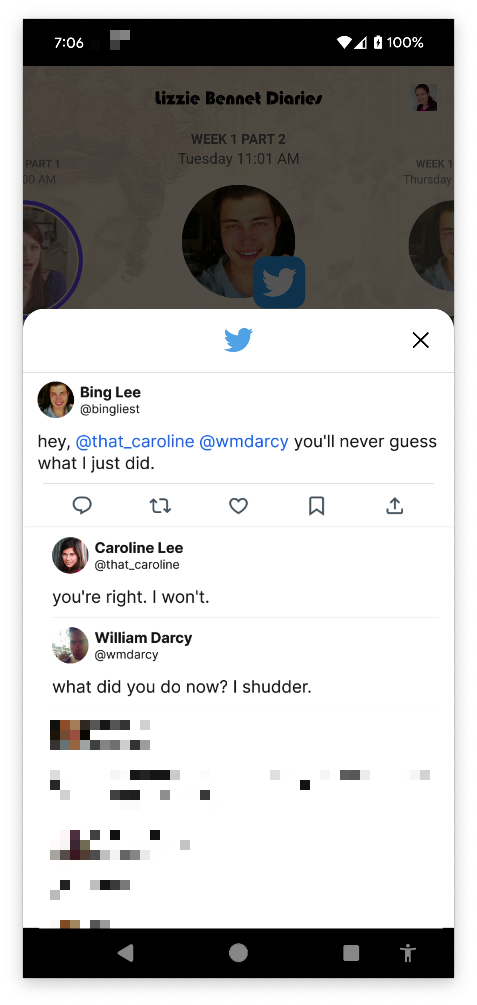 Screenshot of text-based media in a dialog. Text is from a popular social media app. Bing Lee: hey caroline darcy you'll never guess what i just did. Caroline: You'rre right I won't. Darcy: What did you do now? I shudder