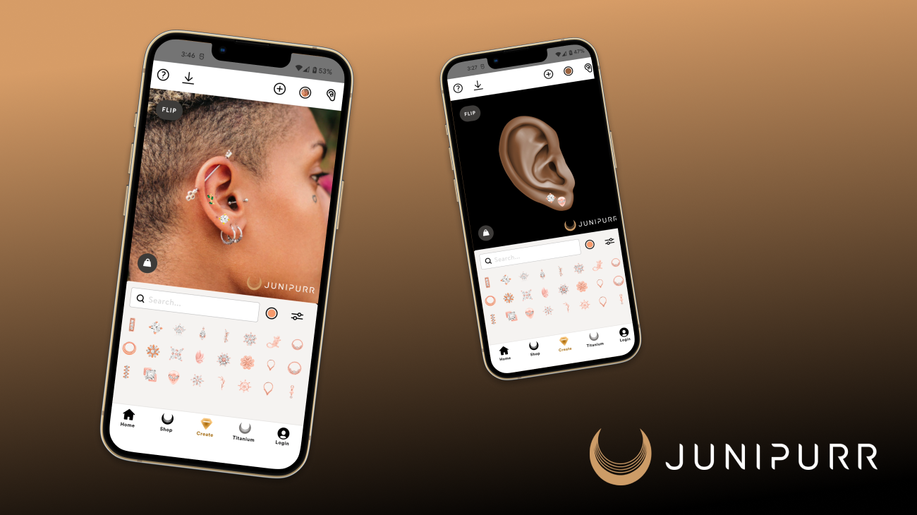 2 screenshots on a gold and black background with the Junipurr logo in the bottom right. First screenshot shows a black androgynous woman with the following piercings in her right ear: industrial helix, tragus, 2 rings and 1 stud in her lobe. Second screenshot is a horizontally split view, where the top part is a 2D rendering of a right ear: dark brown skin, 2 jeweled studs in the lobe. The bottom part is the jewelry curation section with rose gold studs and rings.