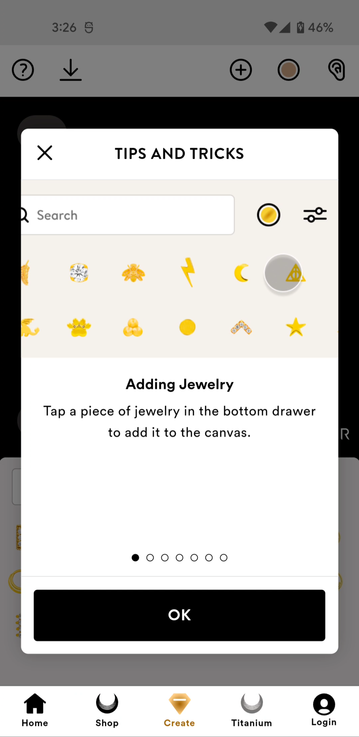 Onboarding screen shows a catalogue of jewelry that a user can swipe through