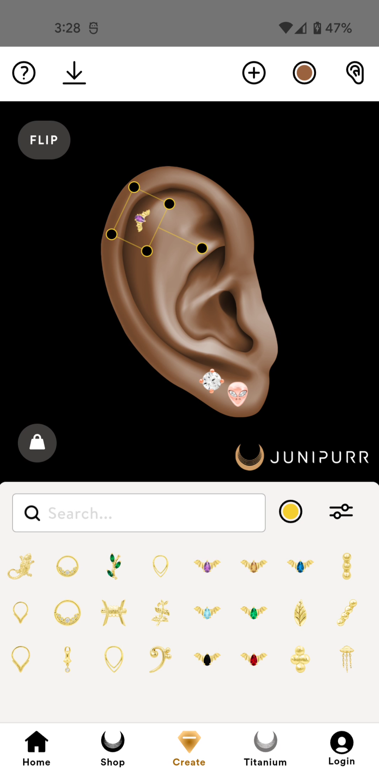 Users can filter jewelry by category, e.g. studs, rings, studs with gems, etc.
