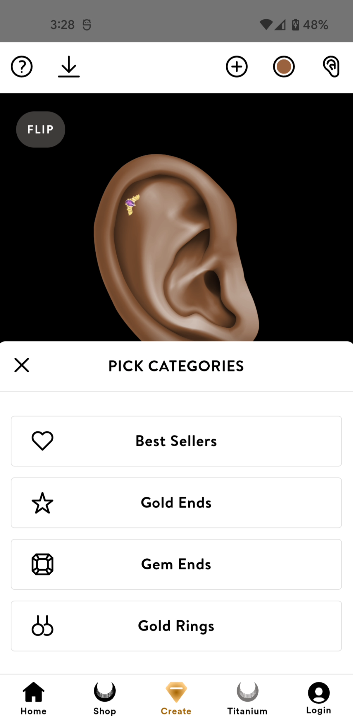 Users can filter jewelry by category, e.g. studs, rings, studs with gems, etc.