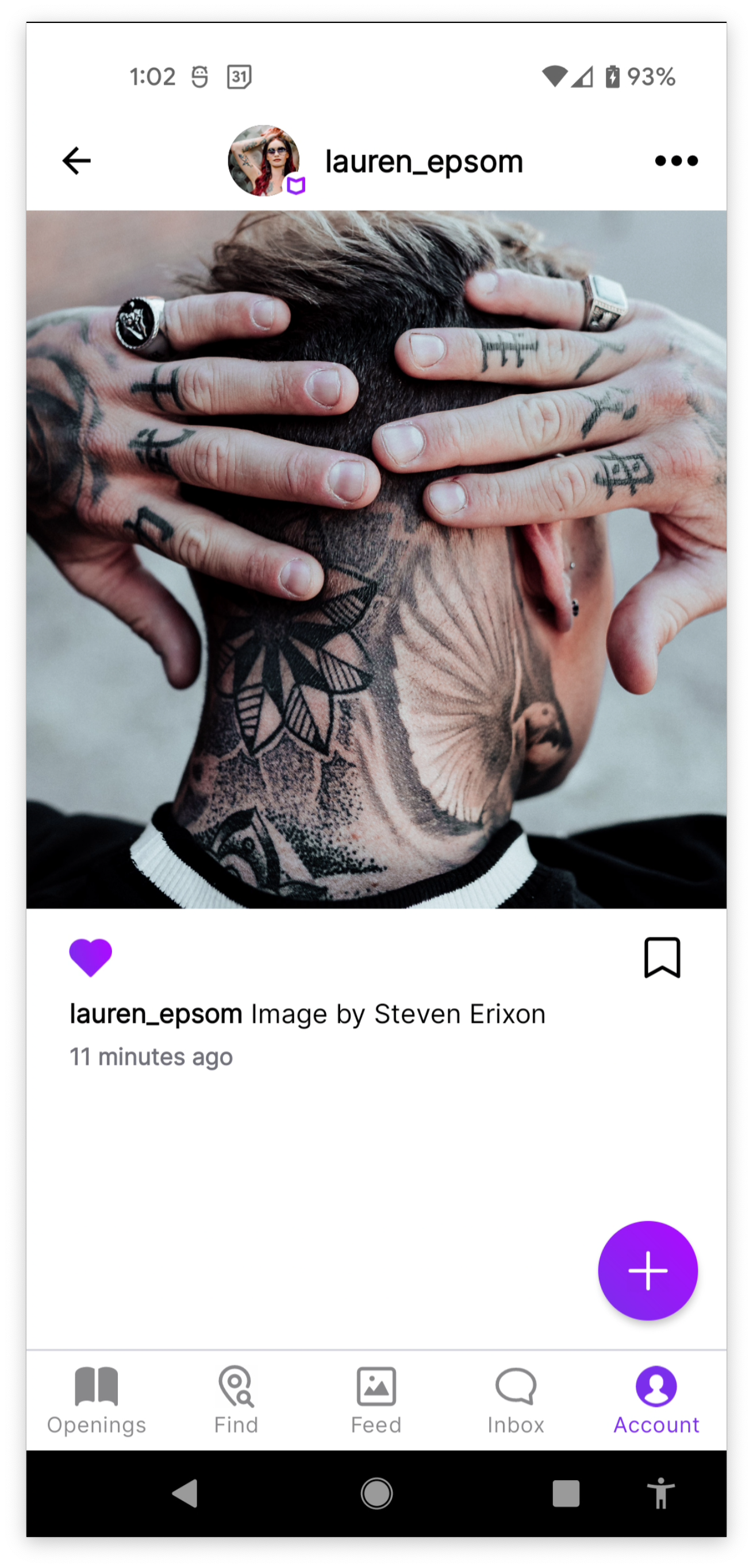Screenshot of the post view. The post image features the back of the head of a white male model with a short haircut who has tattoos on the back of his head and neck. He has his hands touching the back of his head and you can see his tattoos and rings on his hands. Stock photo by Steven Erixon
