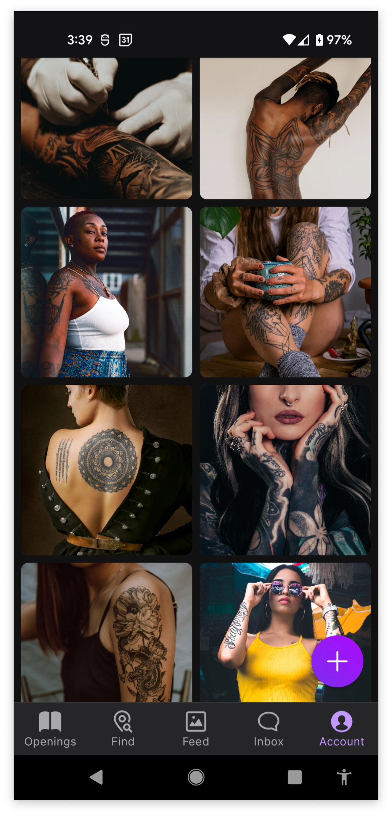 Screenshot of an artist's profile which includes a 2 by 4 grid of square images. Images are of people with tattoos. There's a purple floating action button with a plus symbol on it, allowing the artist to add more content.