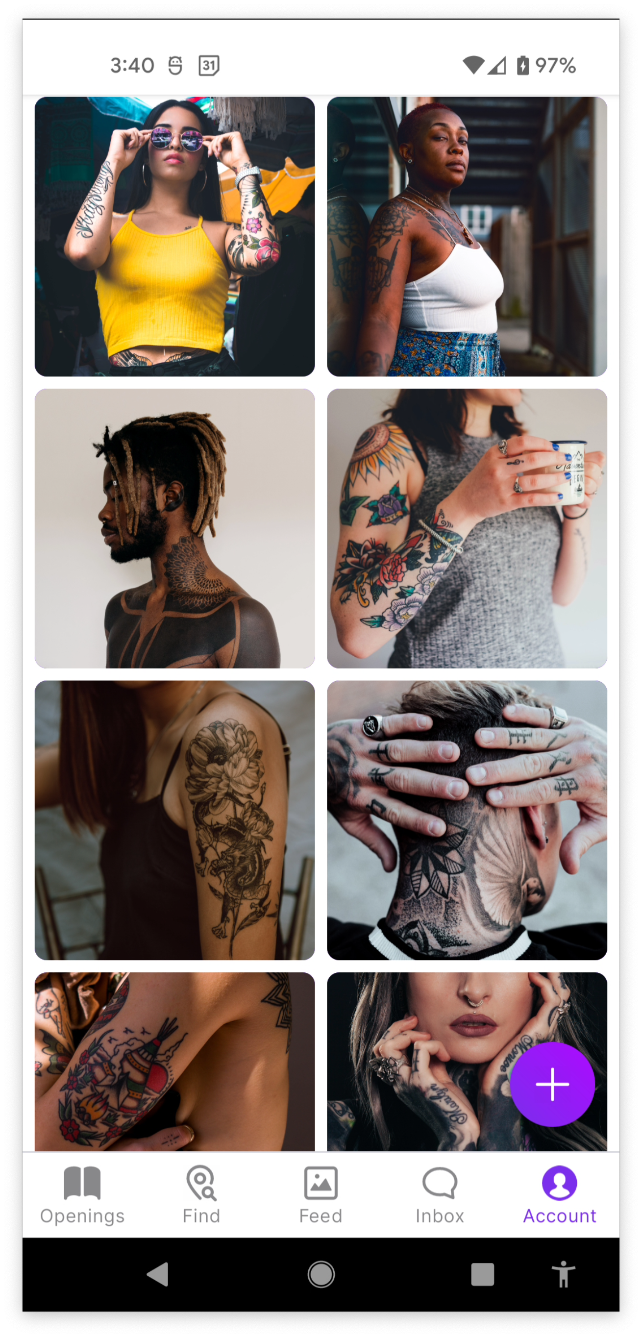 Screenshot of an artist's profile which includes a 2 by 4 grid of square images. Images are of people with tattoos. There's a purple floating action button with a plus symbol on it, allowing the artist to add more content.
