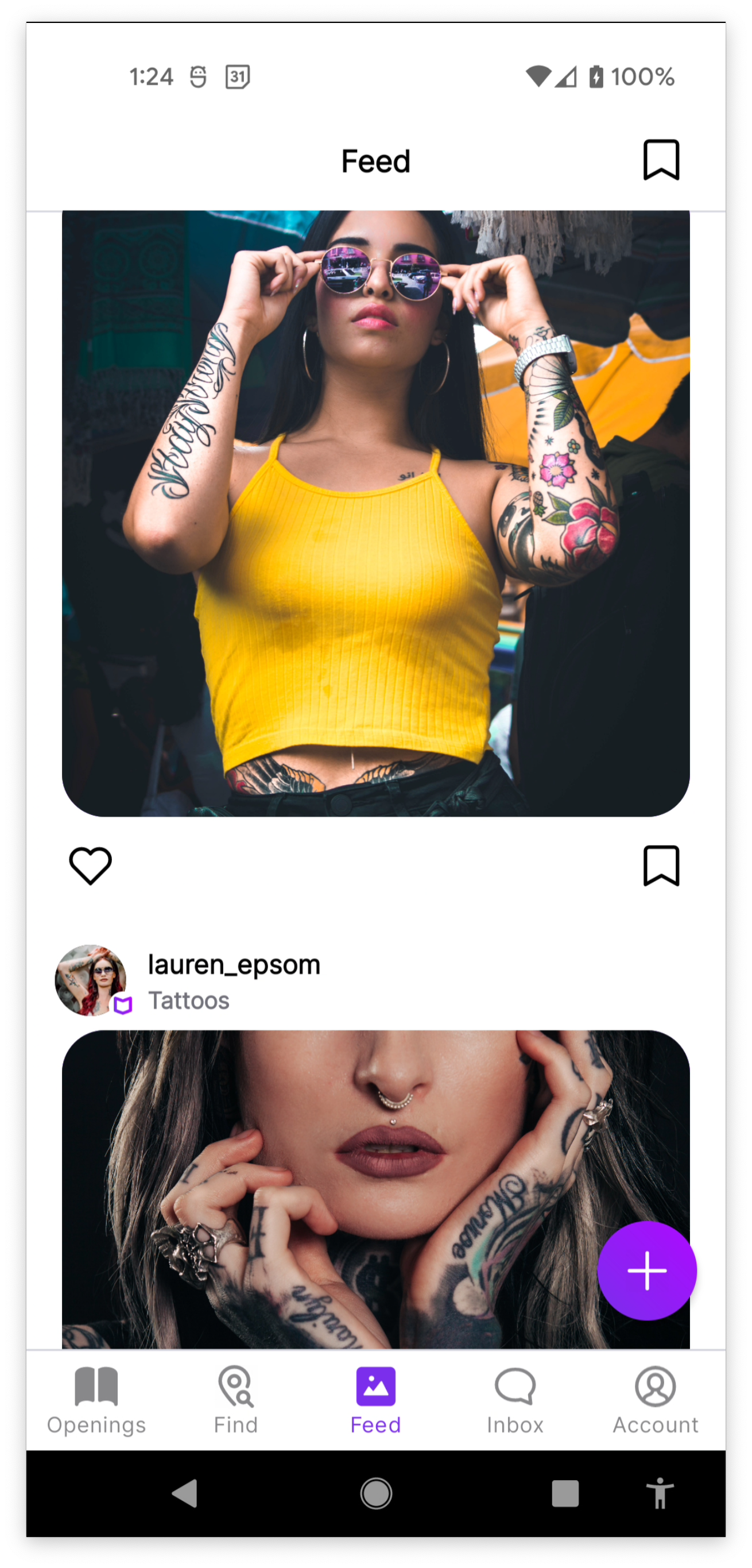 Posts in a layout very similar to Instagram with a heart and ribbon icon for liking and saving. Posts are from fabricated tattoo artist lauren_epsom.