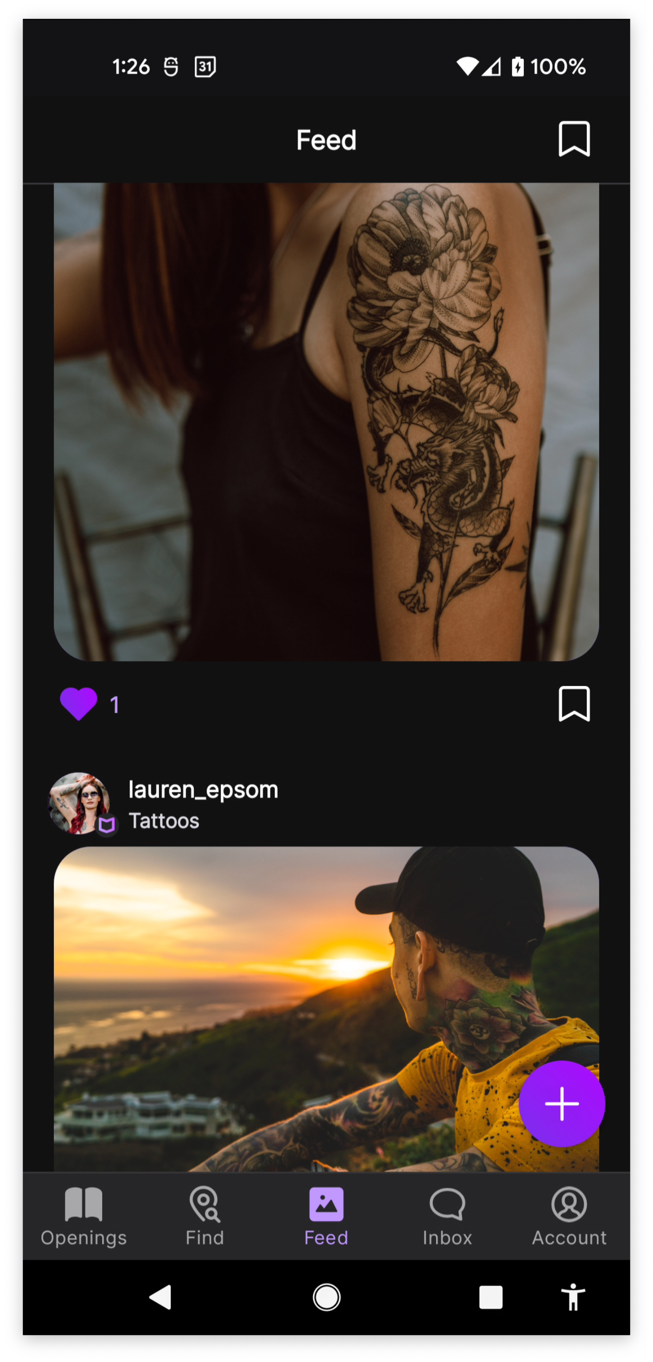 Posts in a layout very similar to Instagram with a heart and ribbon icon for liking and saving. Posts are from fabricated tattoo artist lauren_epsom.
