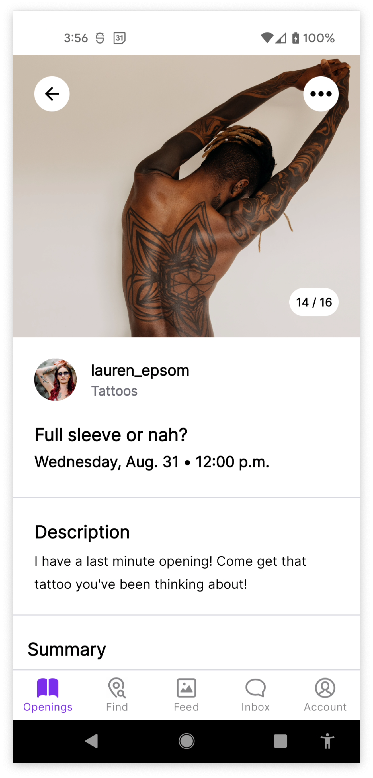 Service listing view. Top section has an image of the artist's work. Below the image includes listing details like the artist's username, their service, a catchy title, the date, and other information