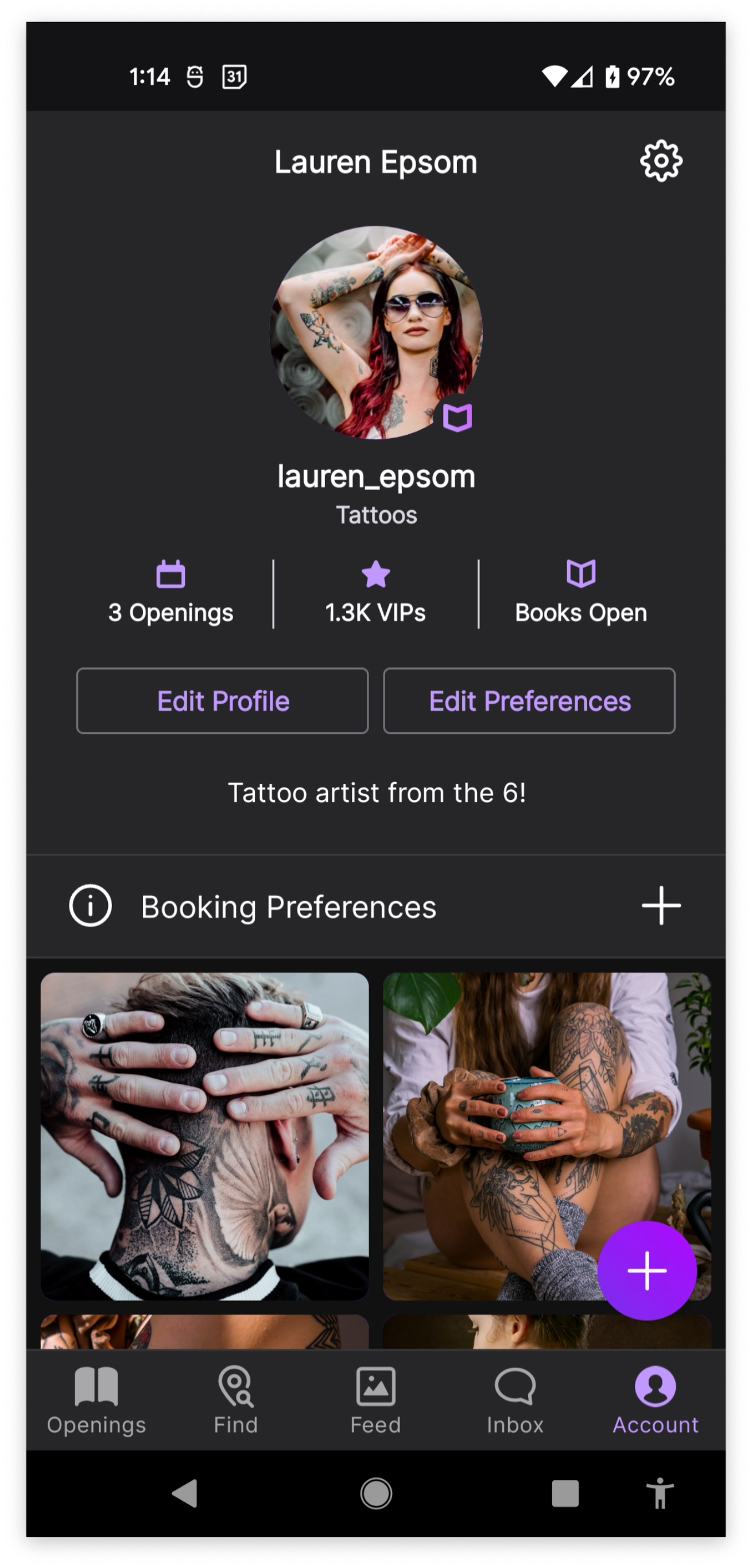 Screen for the artist's profile view including their full name, username, how many listings they have, their followers, and whether they're taking new clients. Also includes bio and booking preferences, as well as post images in a 2-up grid.