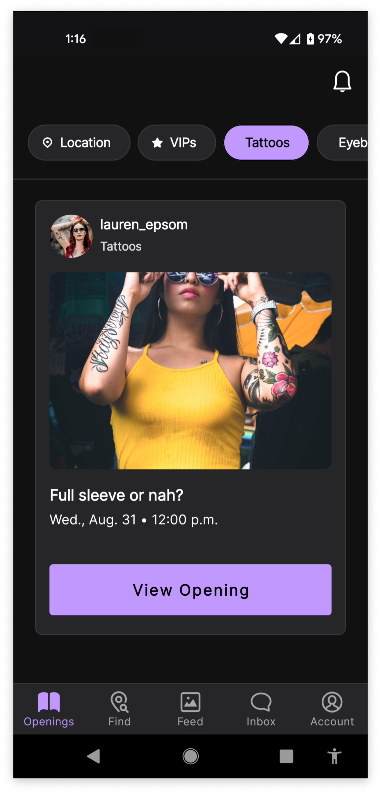 Screen with a bottom tab navigation on the tab that says Openings which shows a feed of listings with their title and date