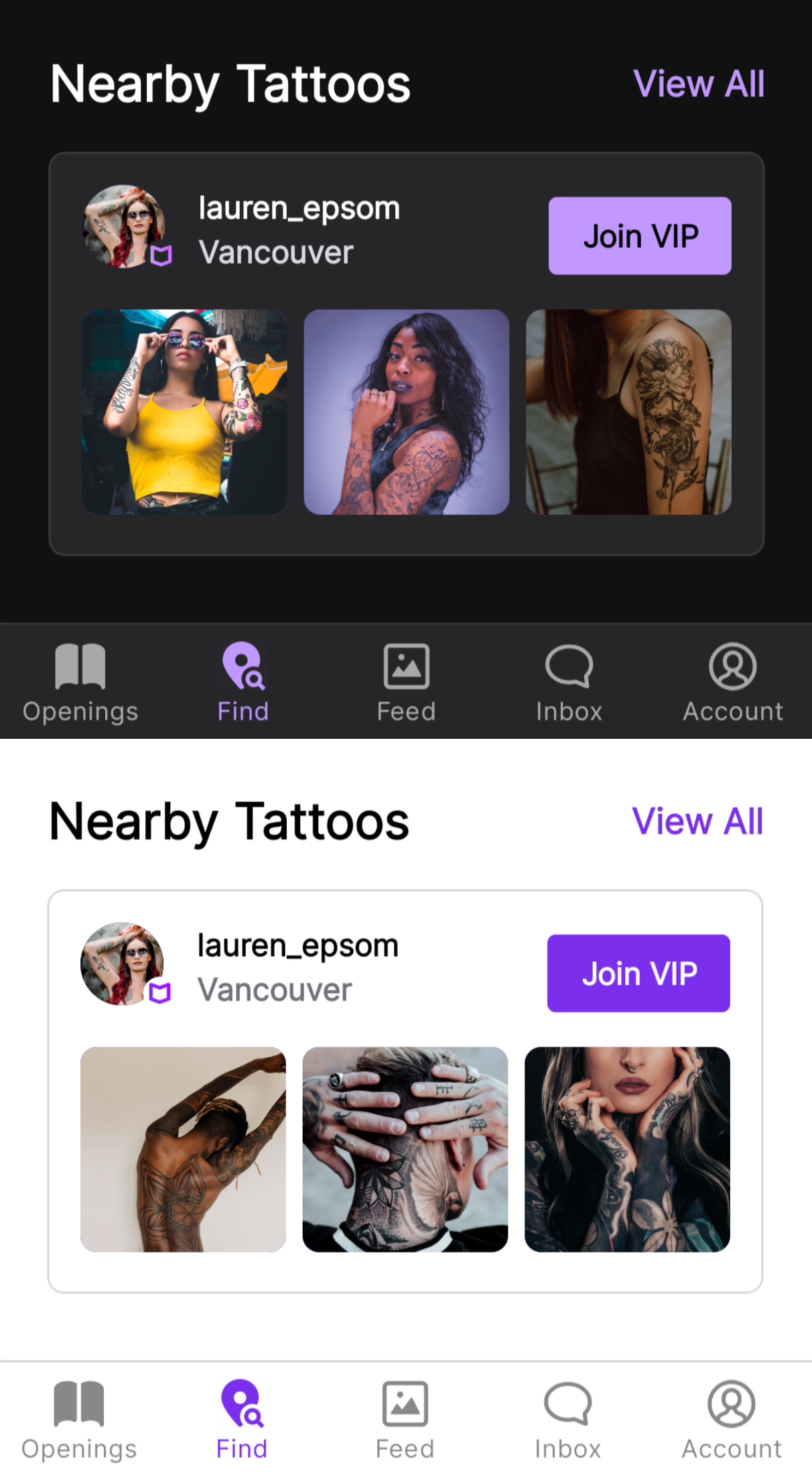 Artist highlight card shows the artist's username, profile image, and the 3 latest images they posted, and a button to get notified about their content