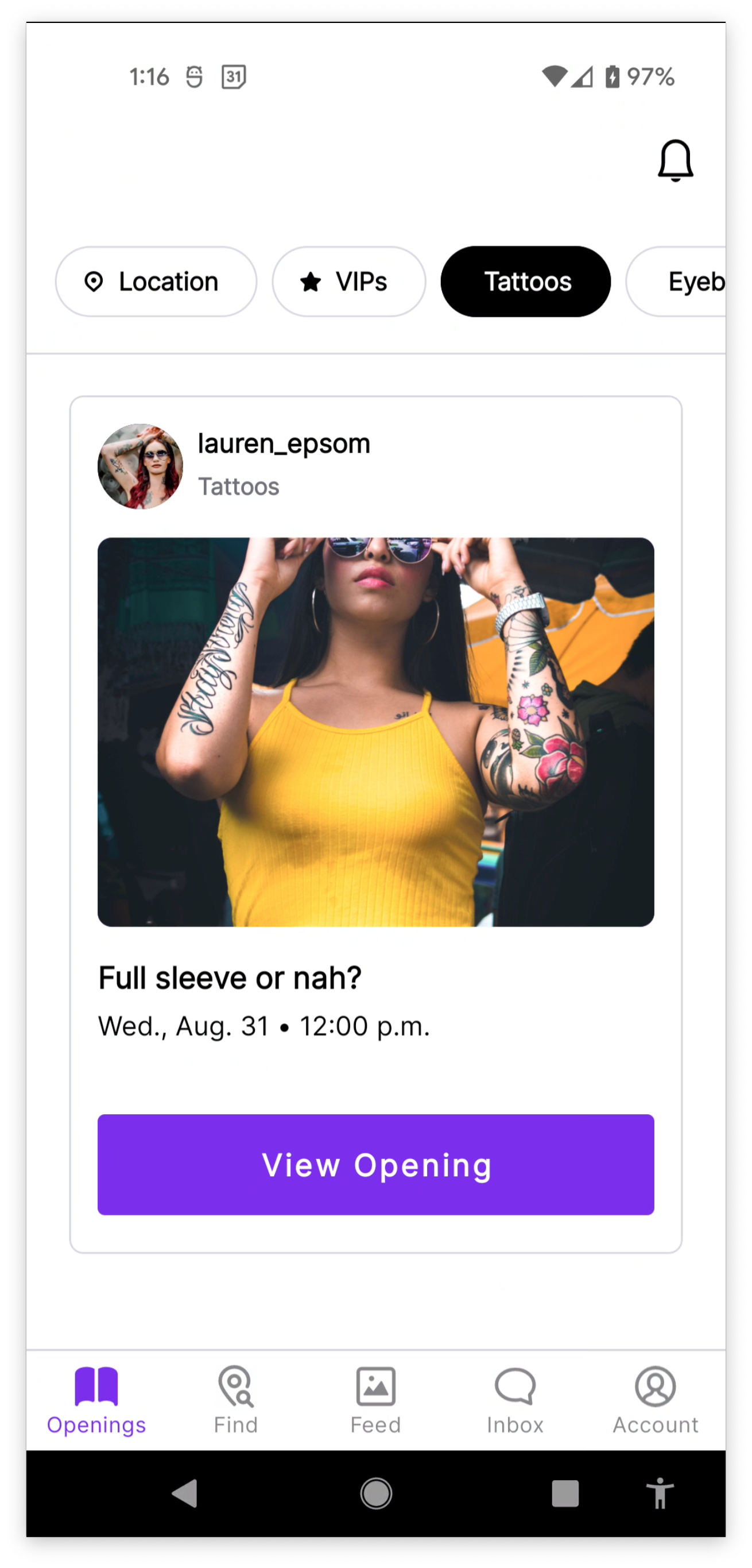 Screen with a bottom tab navigation on the tab that says Openings which shows a feed of listings with their title and date