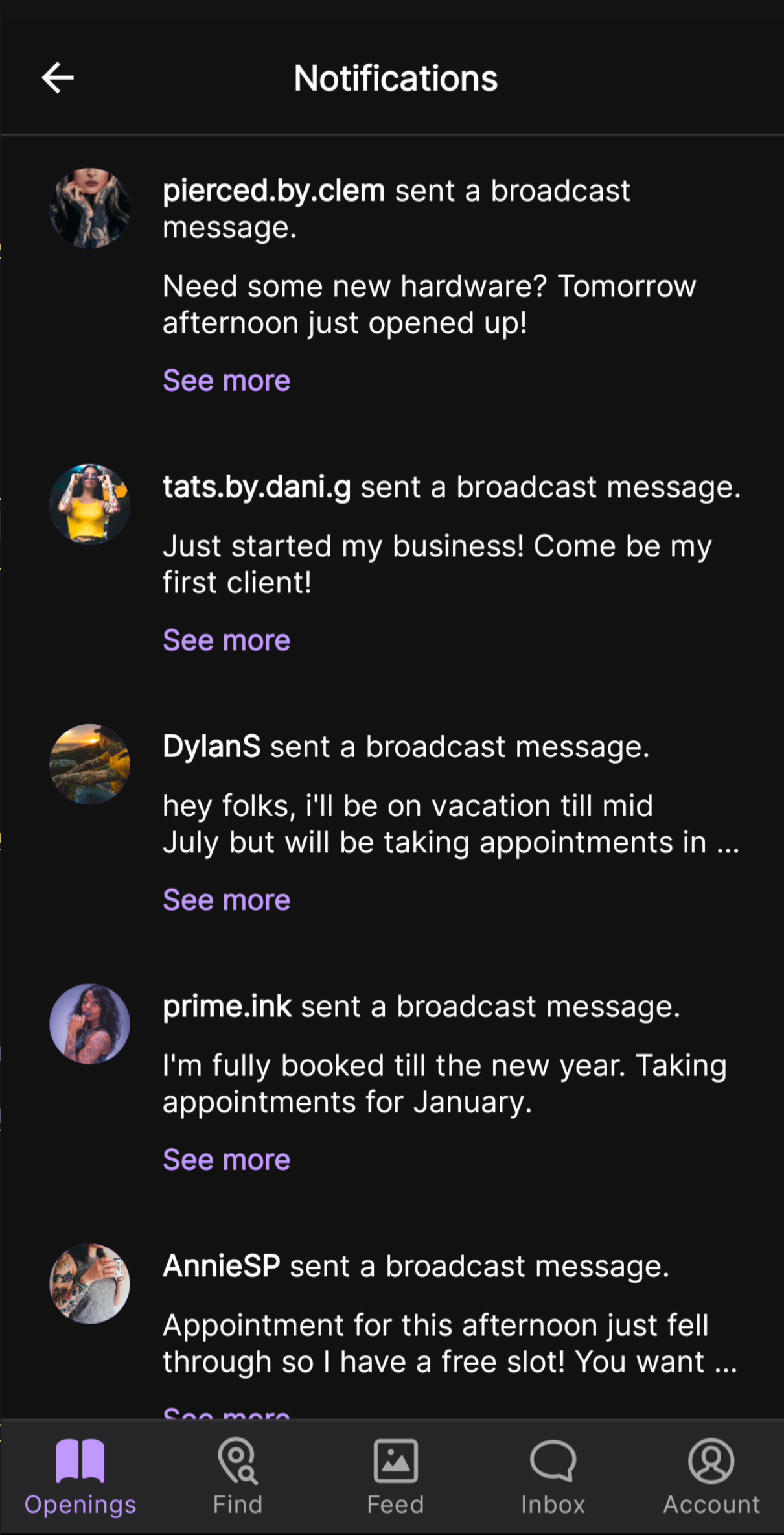 A notification feed in dark mode