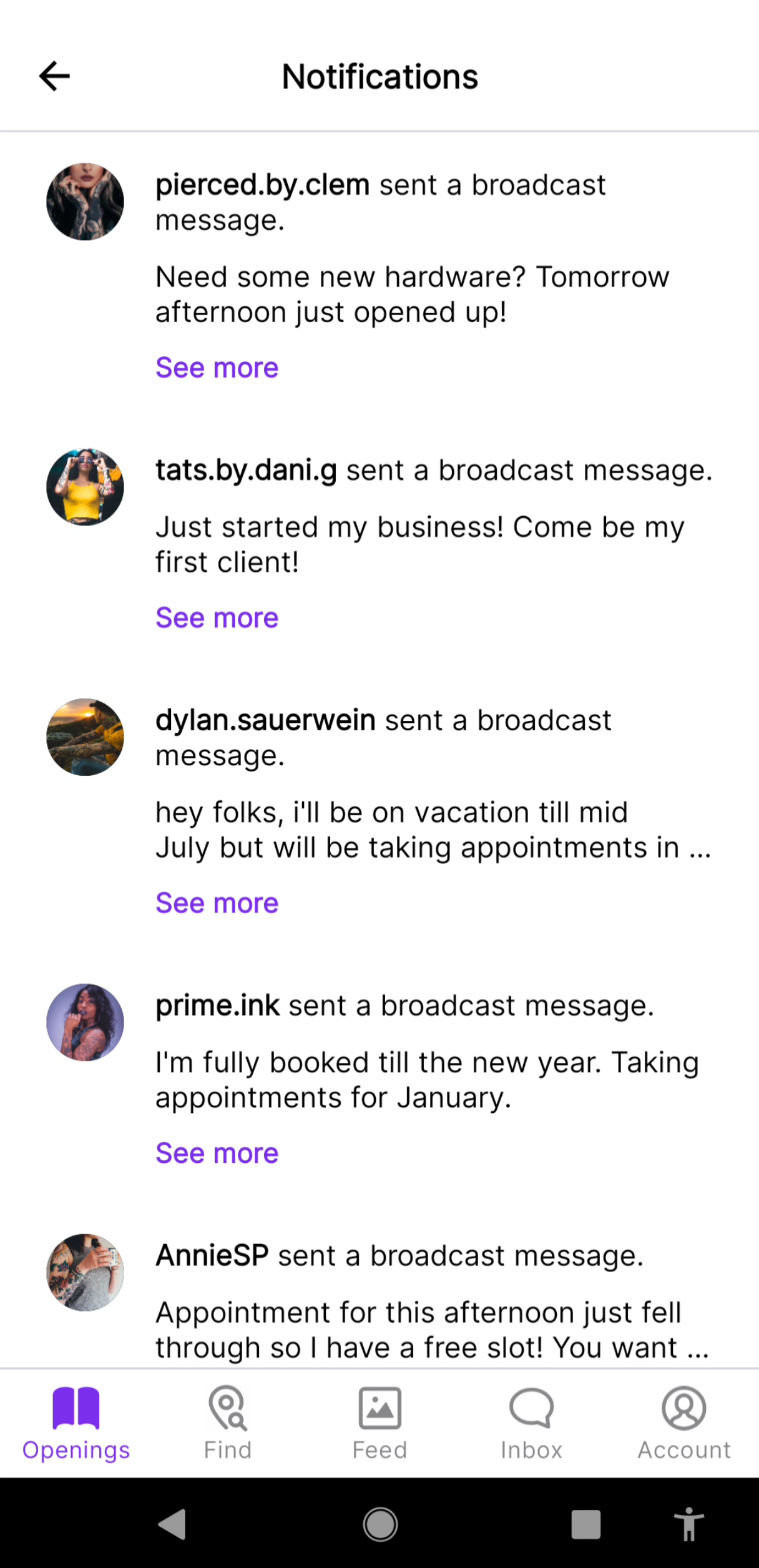 A notification feed in light mode