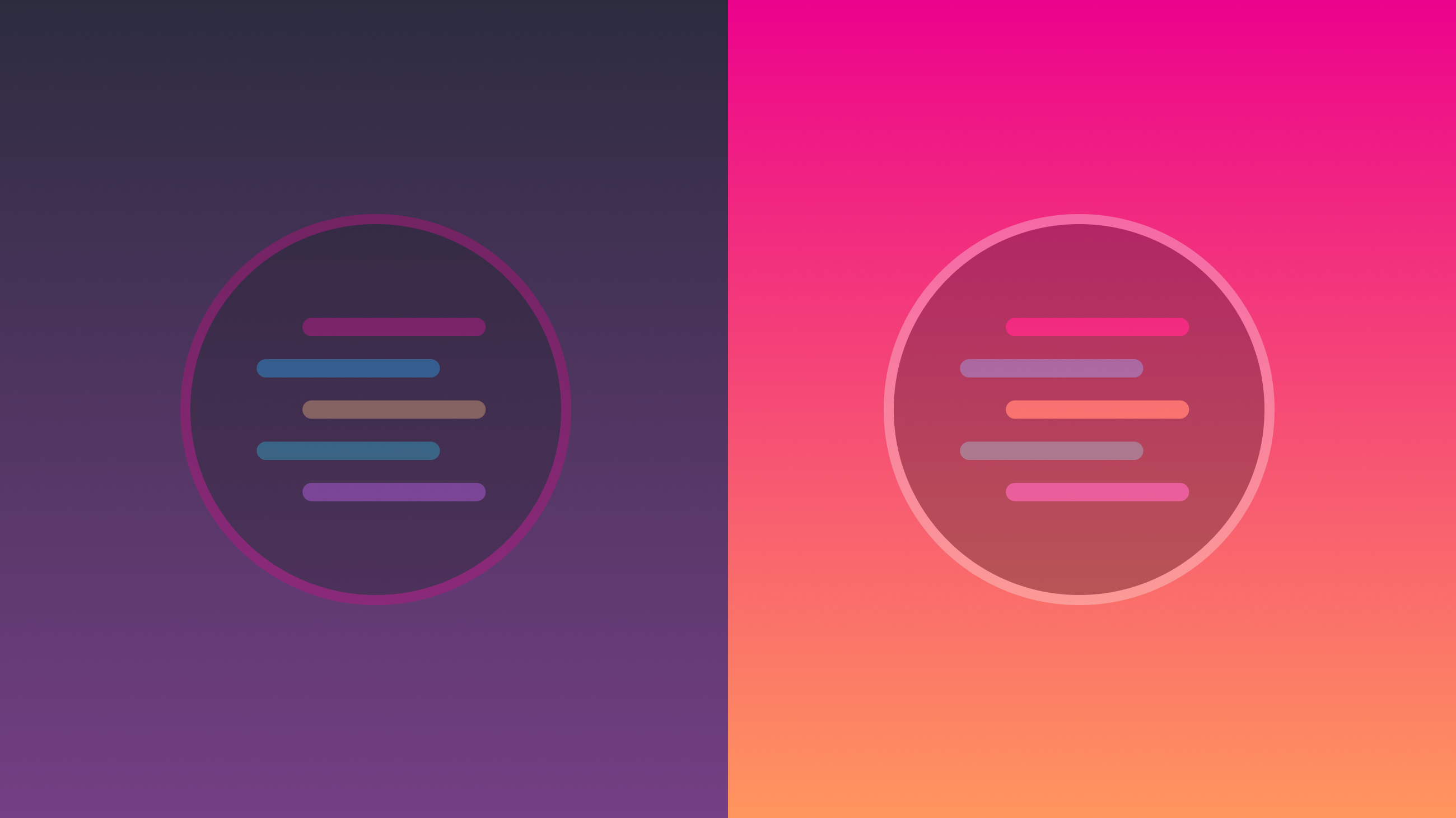 Landscape orientation graphic is split vertically. The left side has a dark purple and black gradient and the Tinacious Design logo, while the right side has a pink and orange gradient and the Tinacious Design logo. The Tinacious Design logo is a circle with 5 horizontal rounded rectangles offset from each other.
