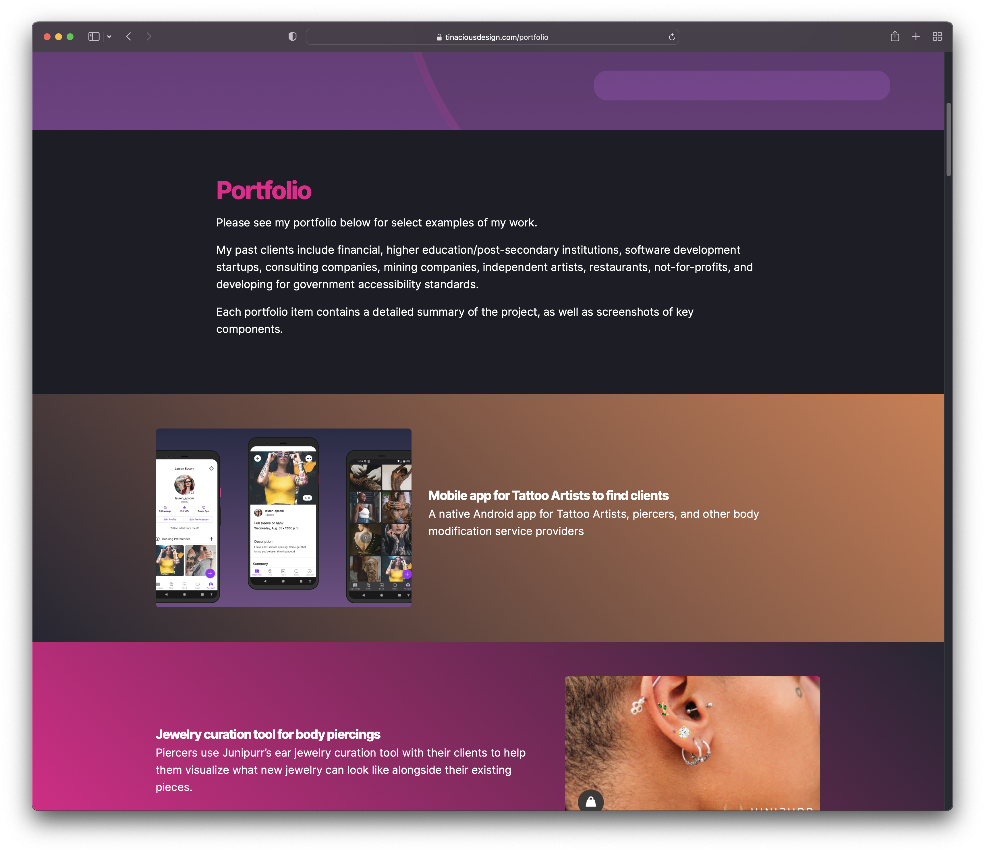 Portfolio page on desktop in dark mode