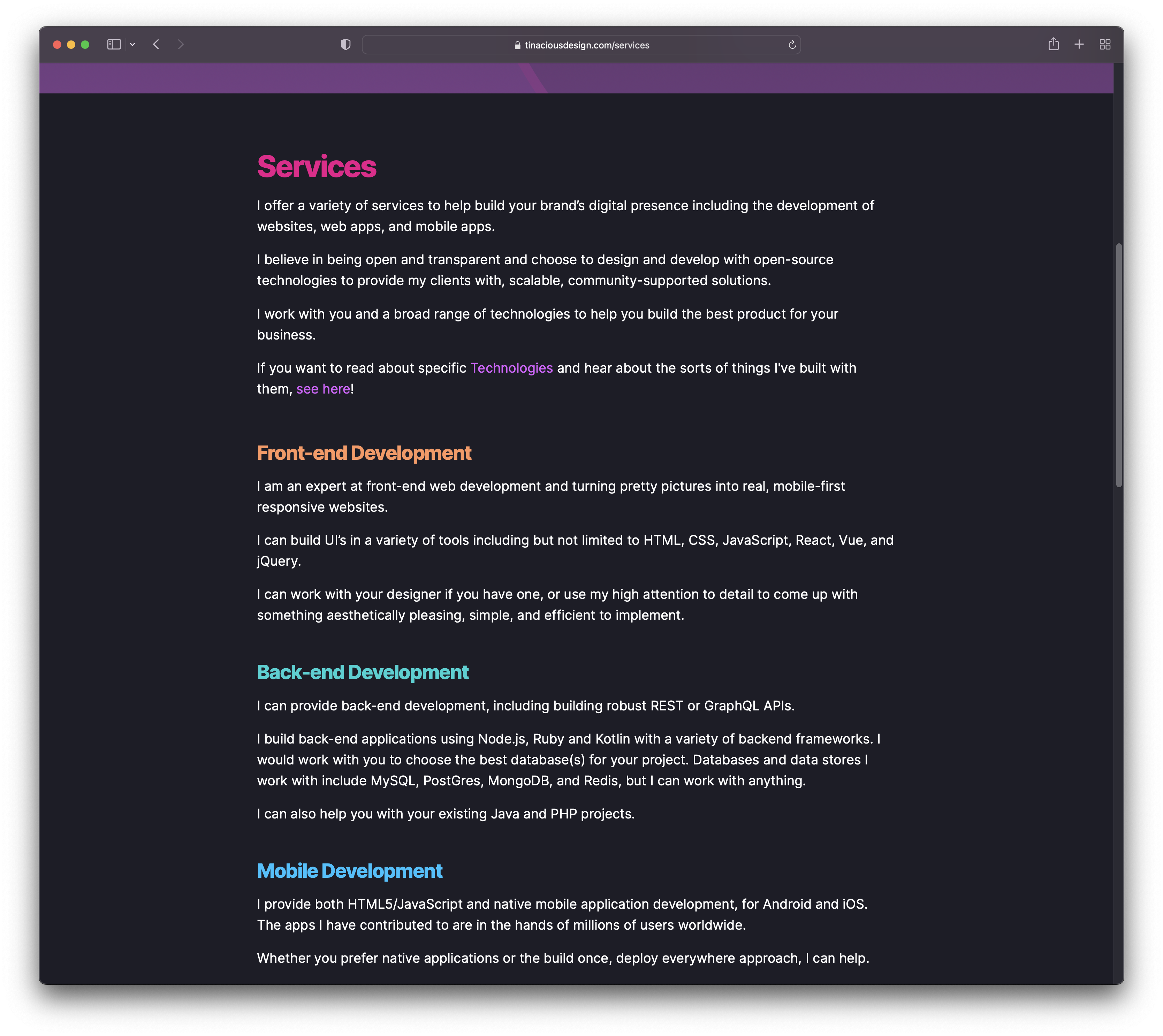 Services page outlines some services on offer. Front-end Development, Back-end Development, Mobile Development